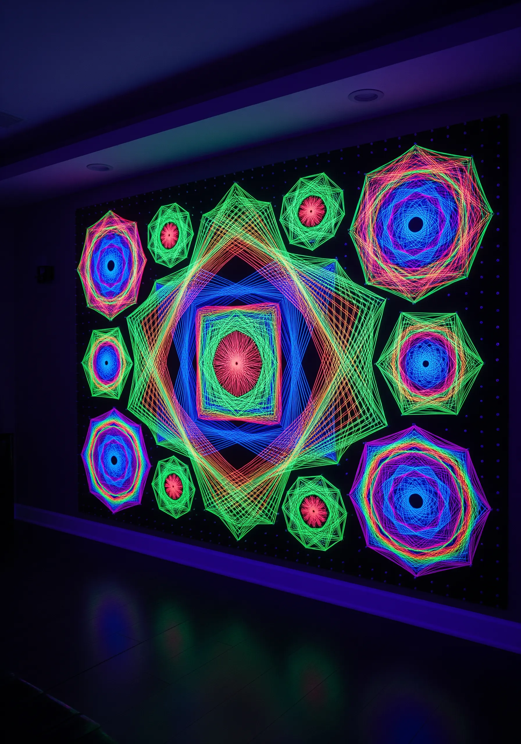 A geometric string art installation made with neon threads glowing brightly under a blacklight.