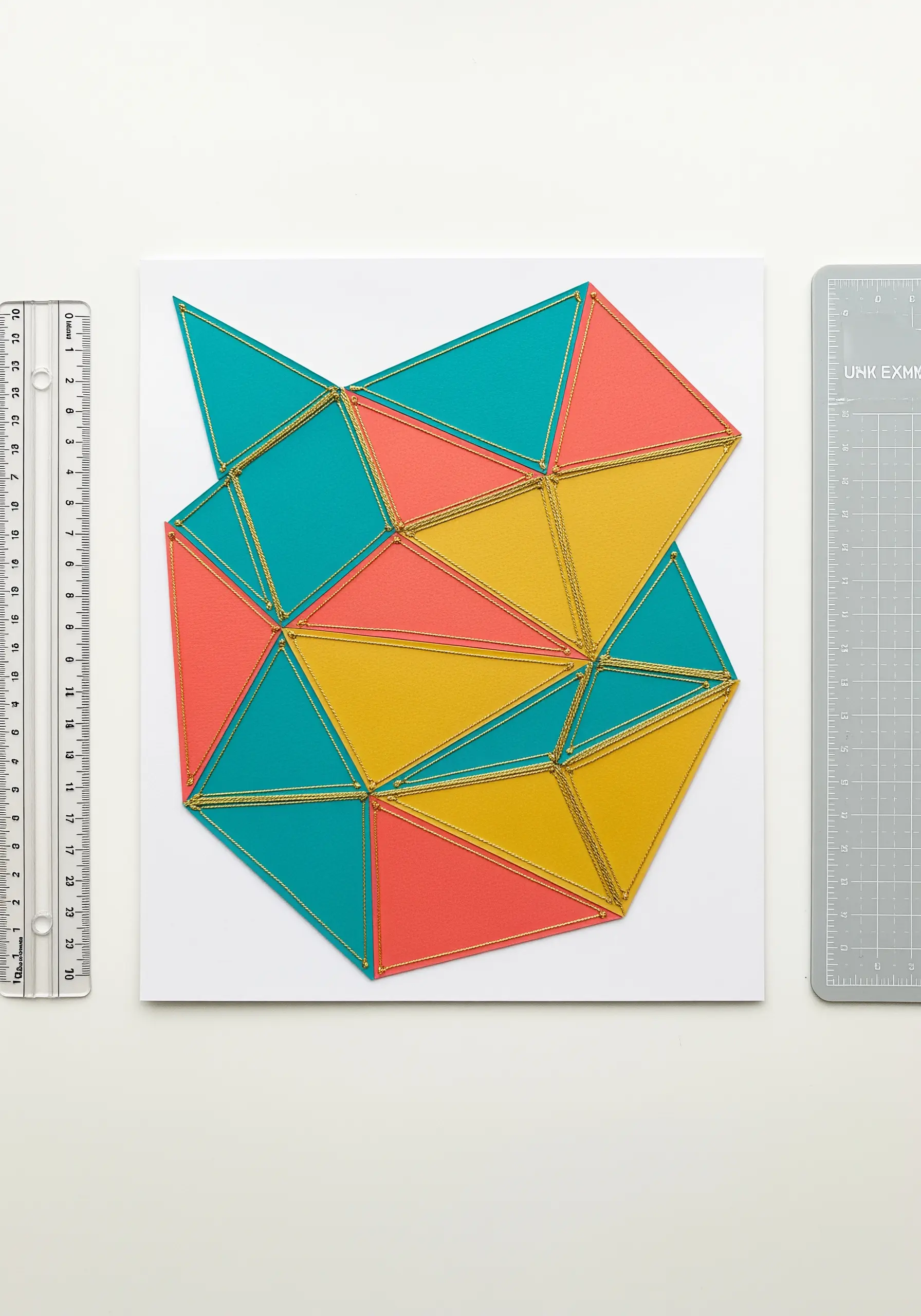 Geometric string art on cardstock using gold thread and triangles