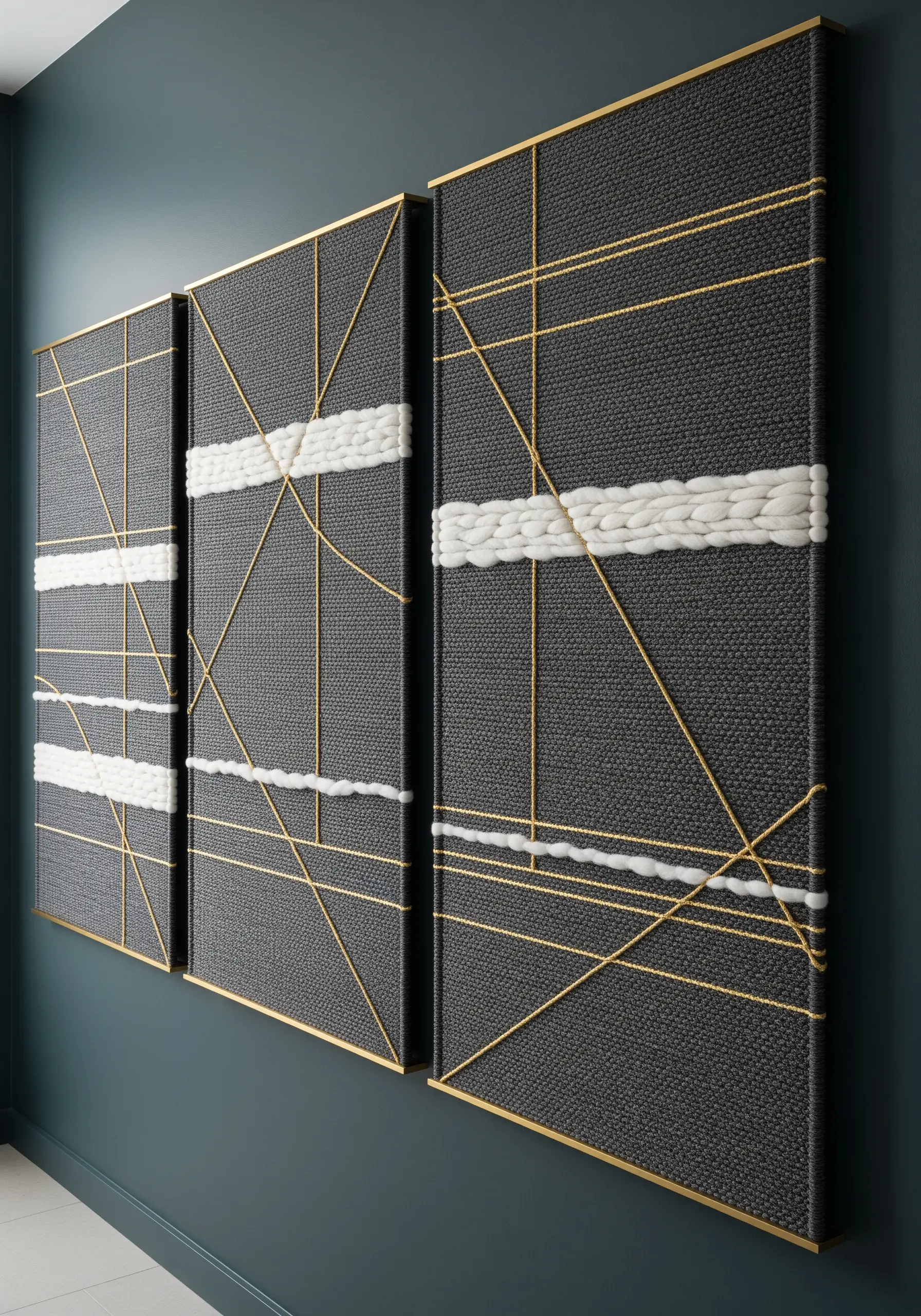 Three modern wall panels with gold cord and a band of white woven wool.