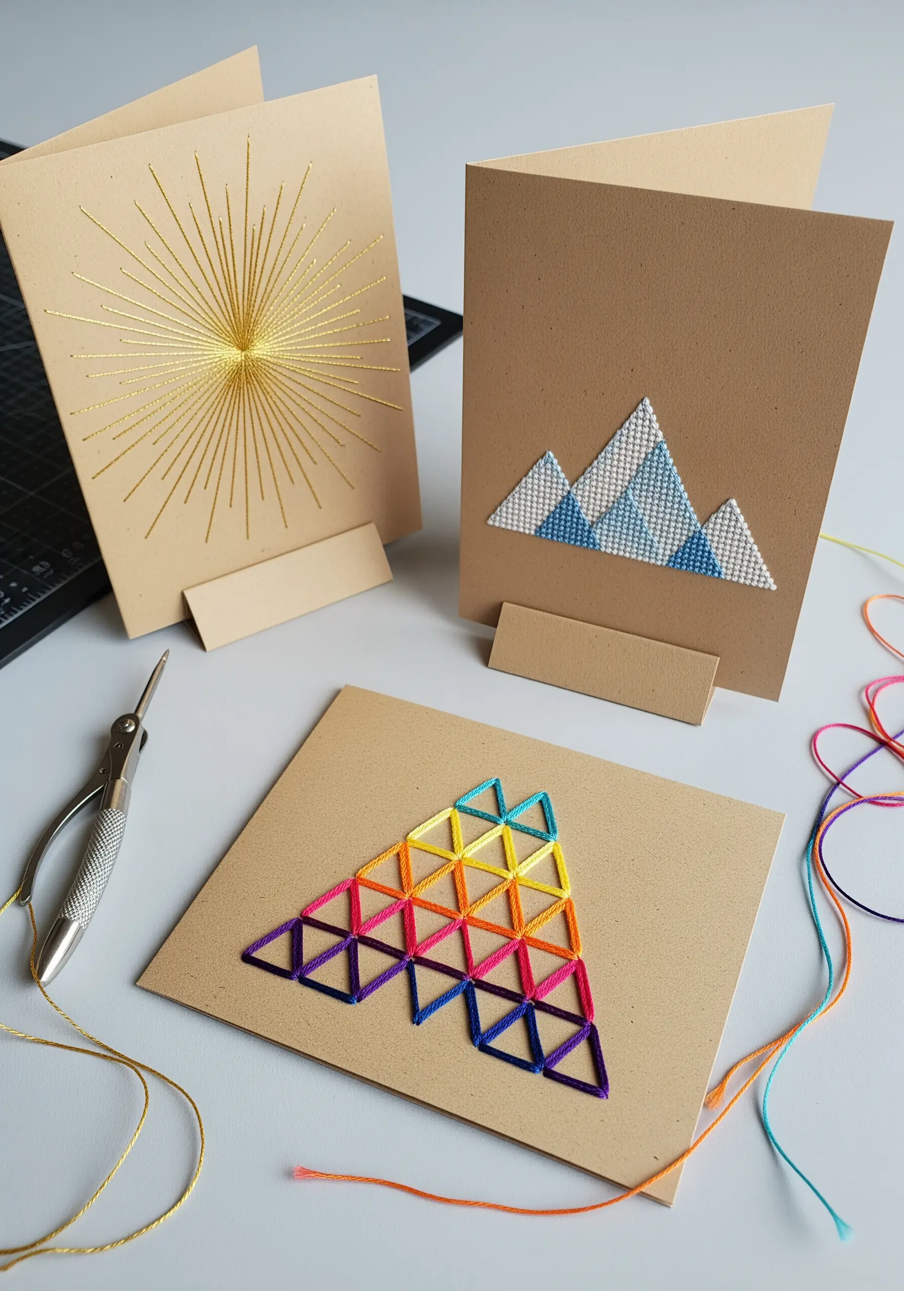 Geometric patterns stitched onto kraft paper cards using colorful and metallic threads.