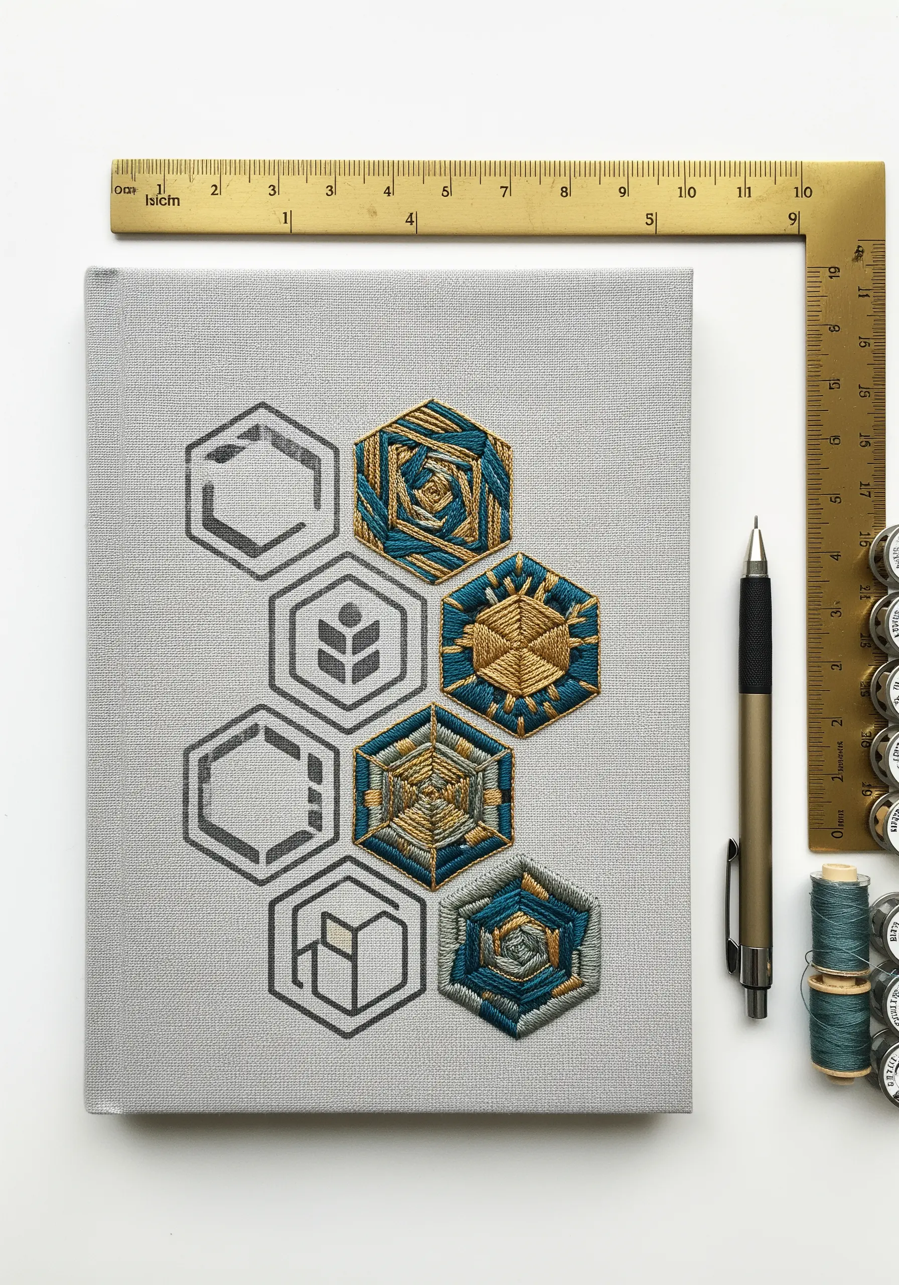 Geometric woven embroidery in gold and teal thread inside stamped hexagonal outlines on a gray journal.