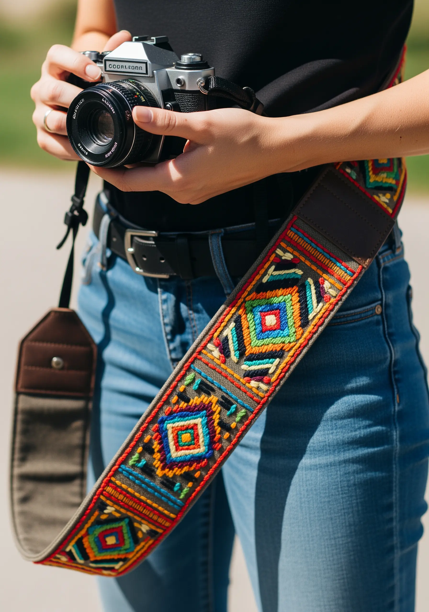 A colorful, embroidered camera strap with a geometric, woven-style pattern.