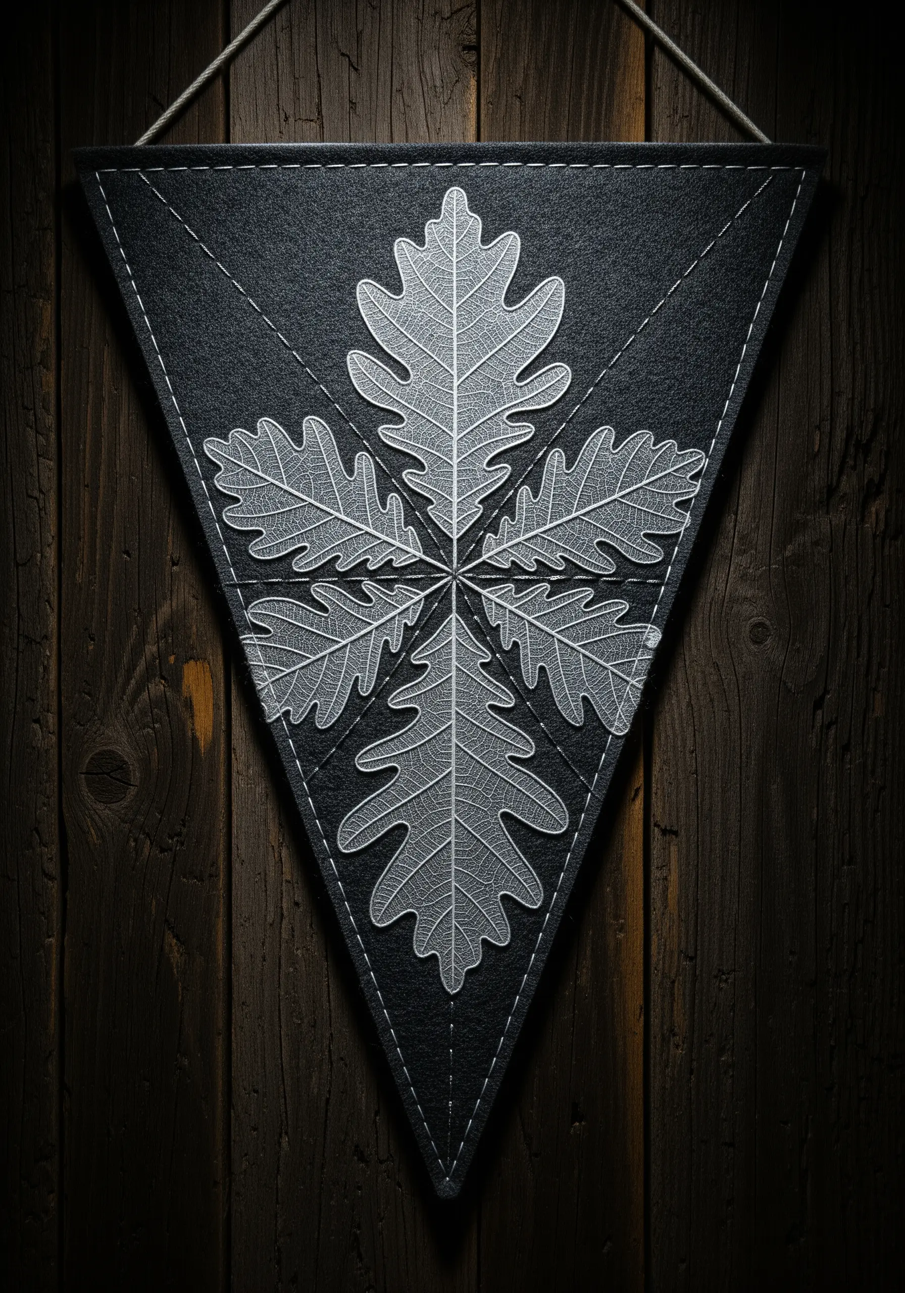 Delicate white embroidery of skeletal oak leaves on a black triangular pennant.