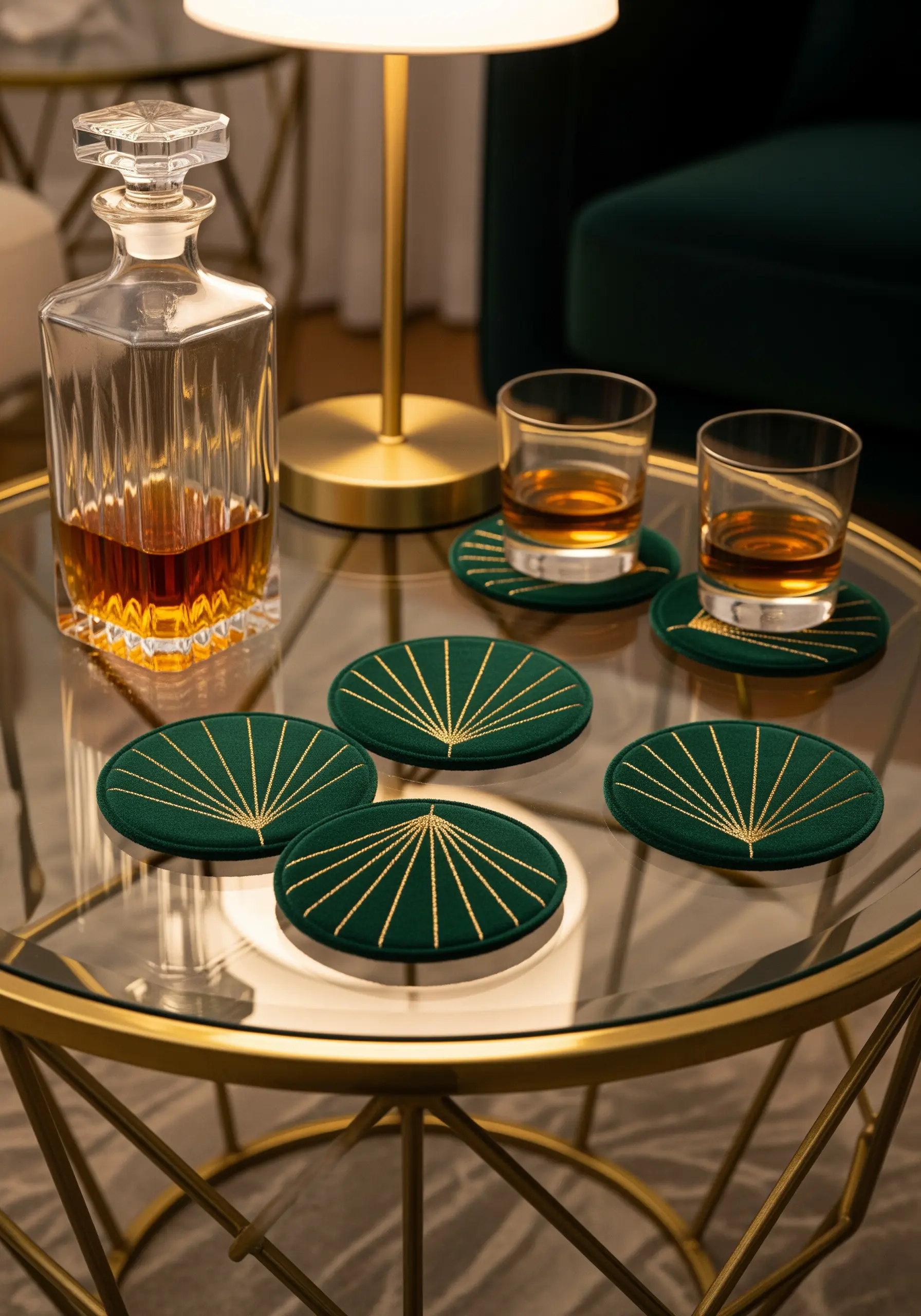 Dark green velvet coasters with gold metallic thread in an Art Deco fan pattern.