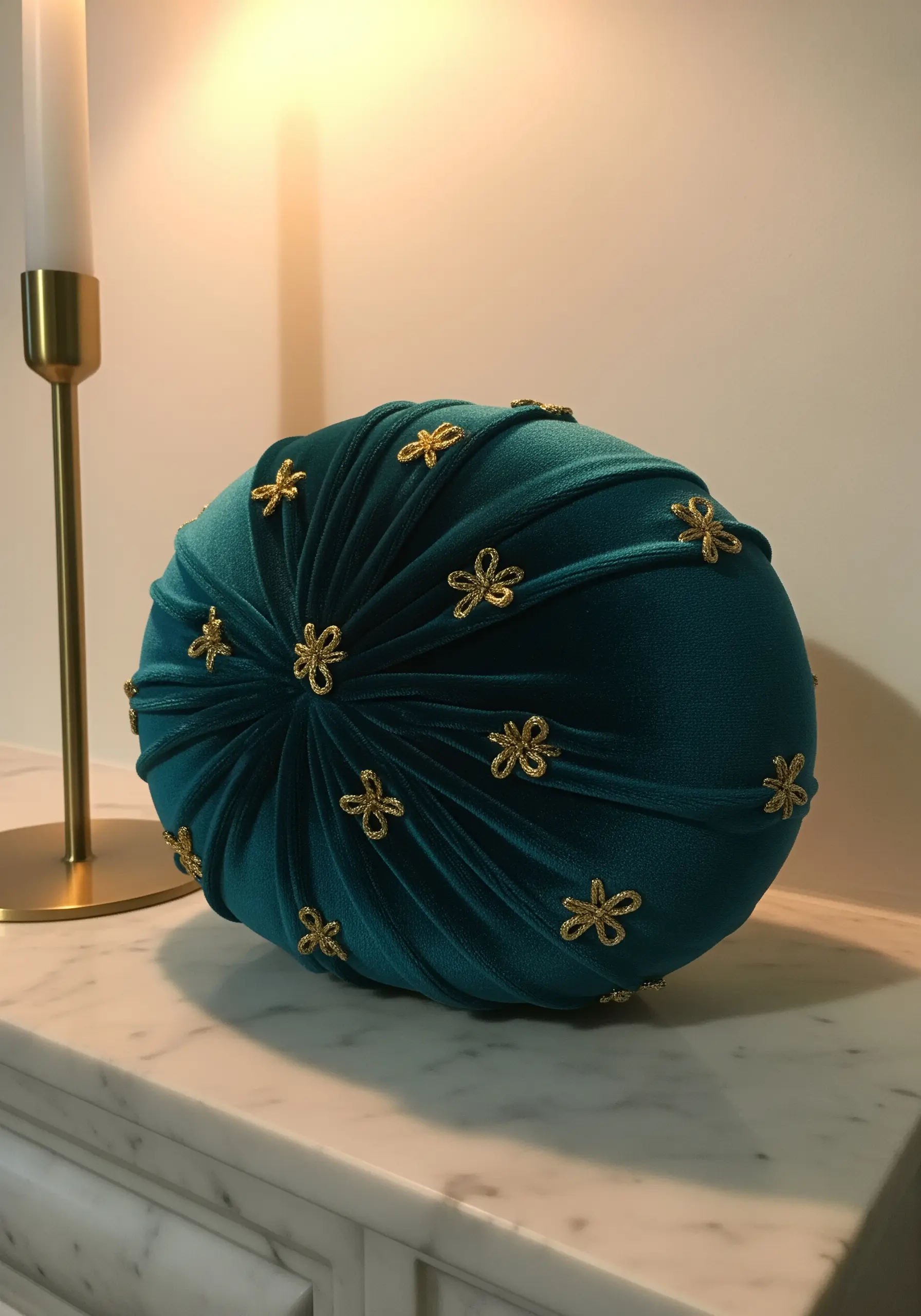 Teal velvet tufted round cushion with small embroidered gold flowers.