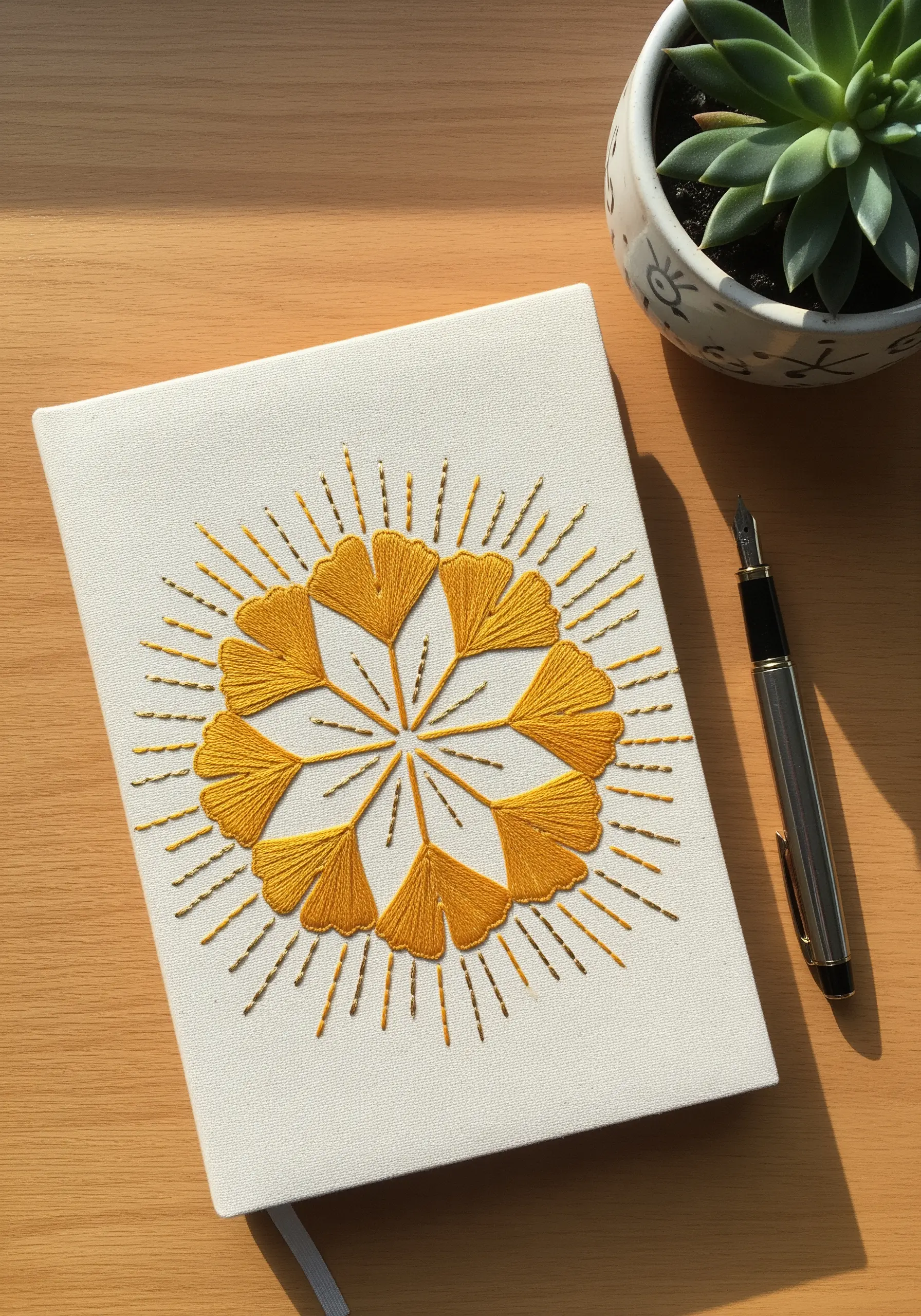 Golden ginkgo leaf mandala with radiating stitches embroidered on a white journal cover.