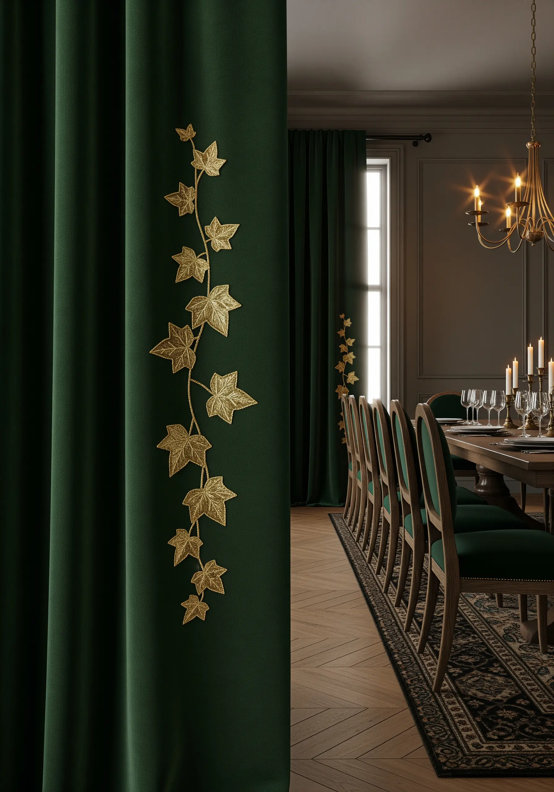 A single vine of gold metallic ivy embroidered on a dark green velvet curtain.