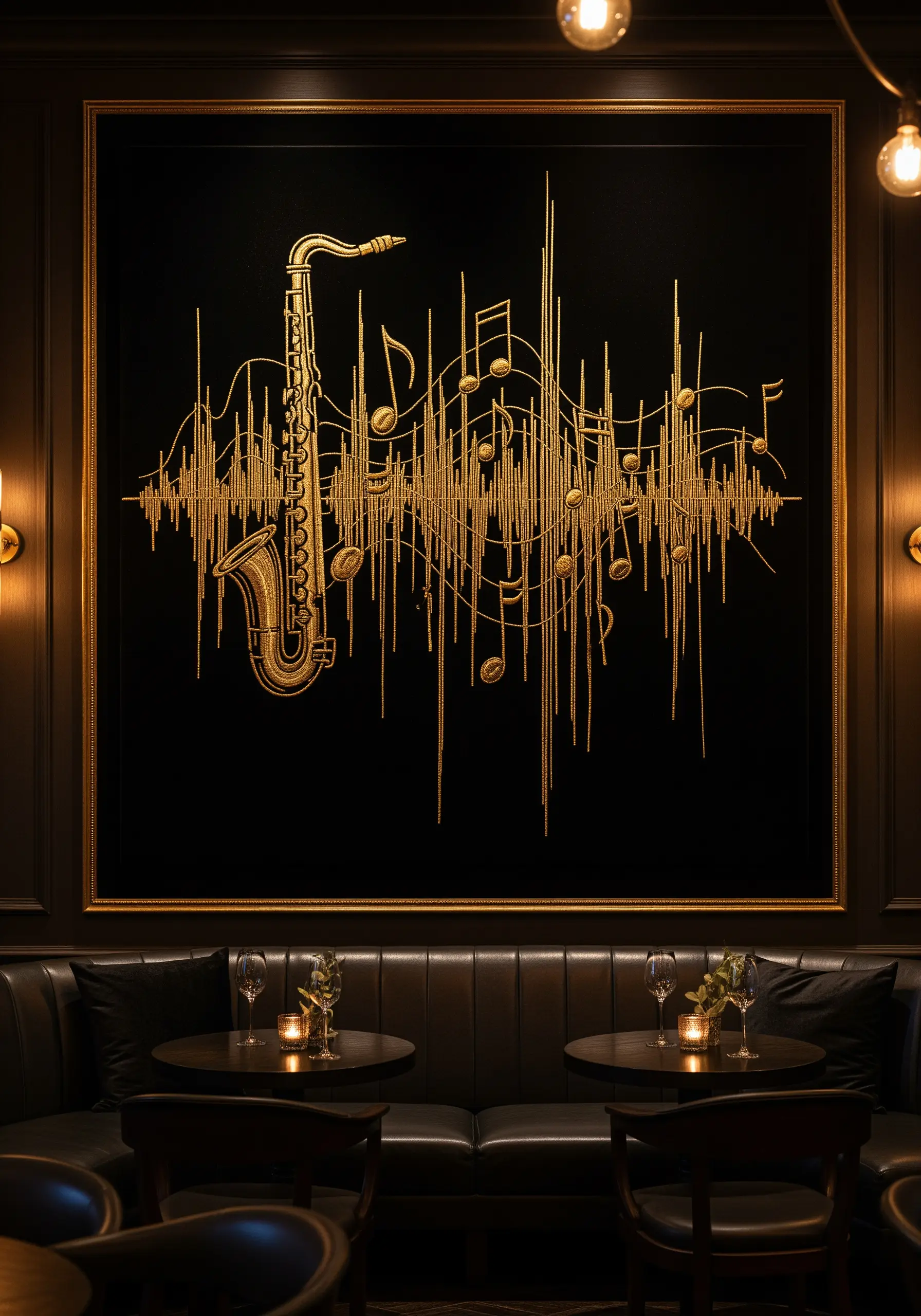 A framed piece with a saxophone and musical sound waves embroidered in gold on black fabric.