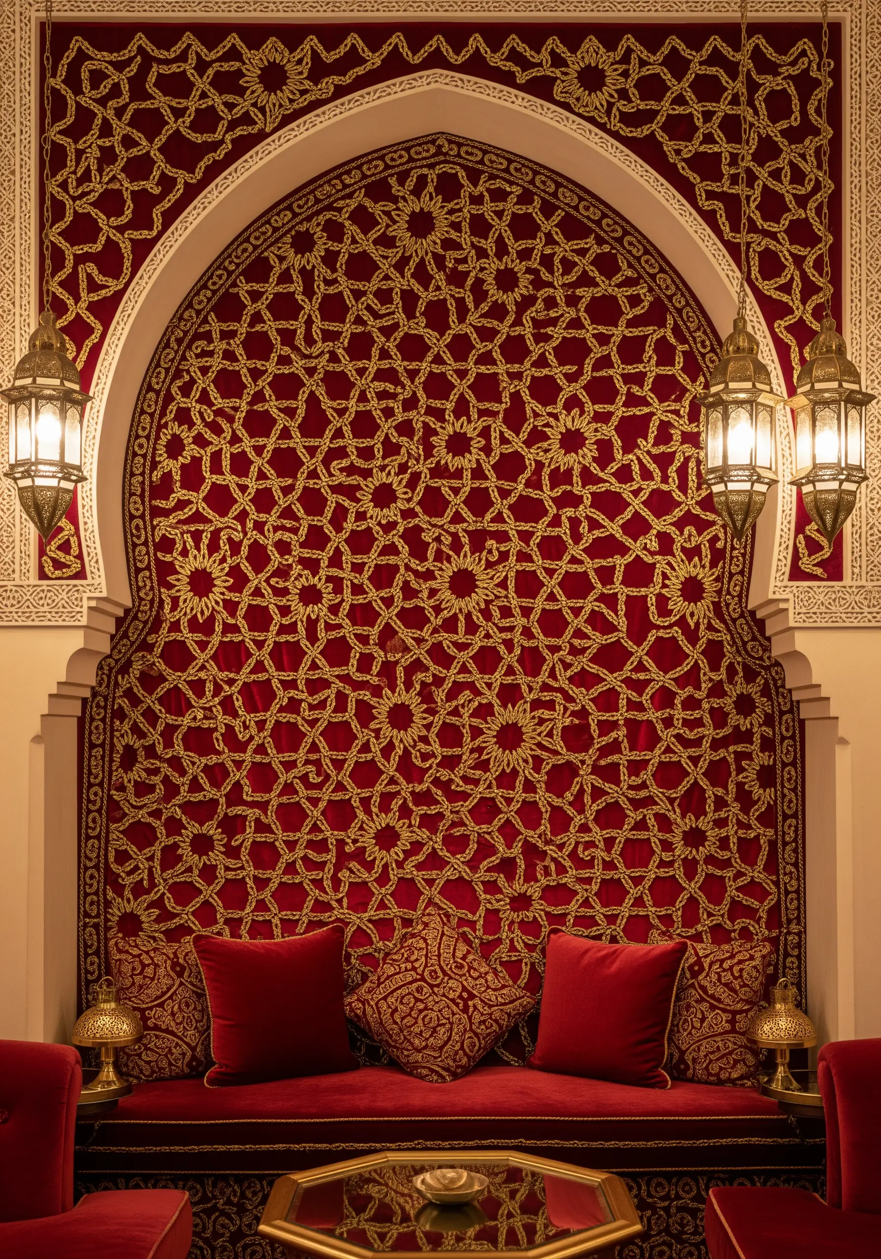 An entire alcove covered in a red tapestry with a dense, interlocking geometric pattern in gold.