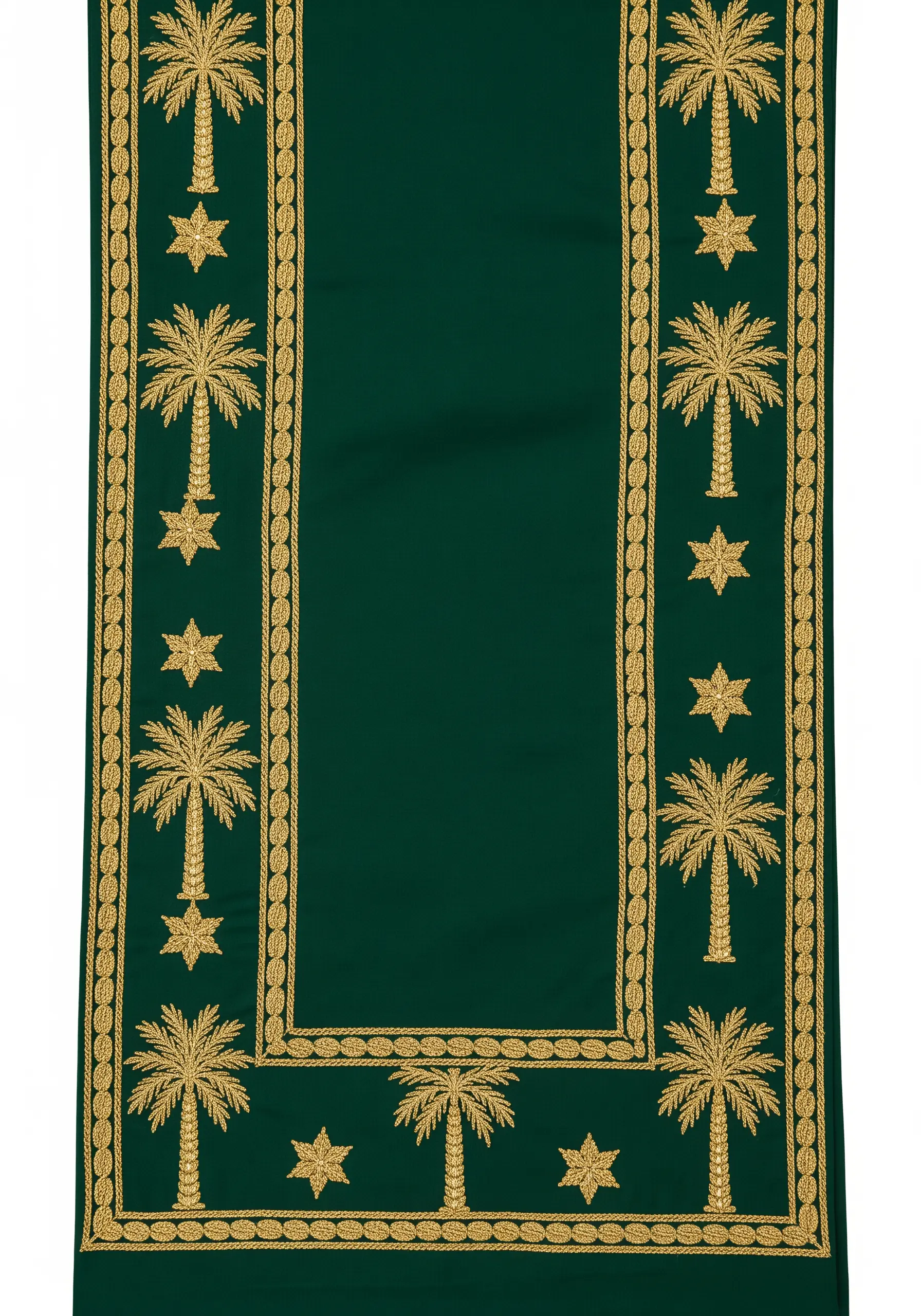 A gold embroidered border of palm trees and stars on a dark green table runner.