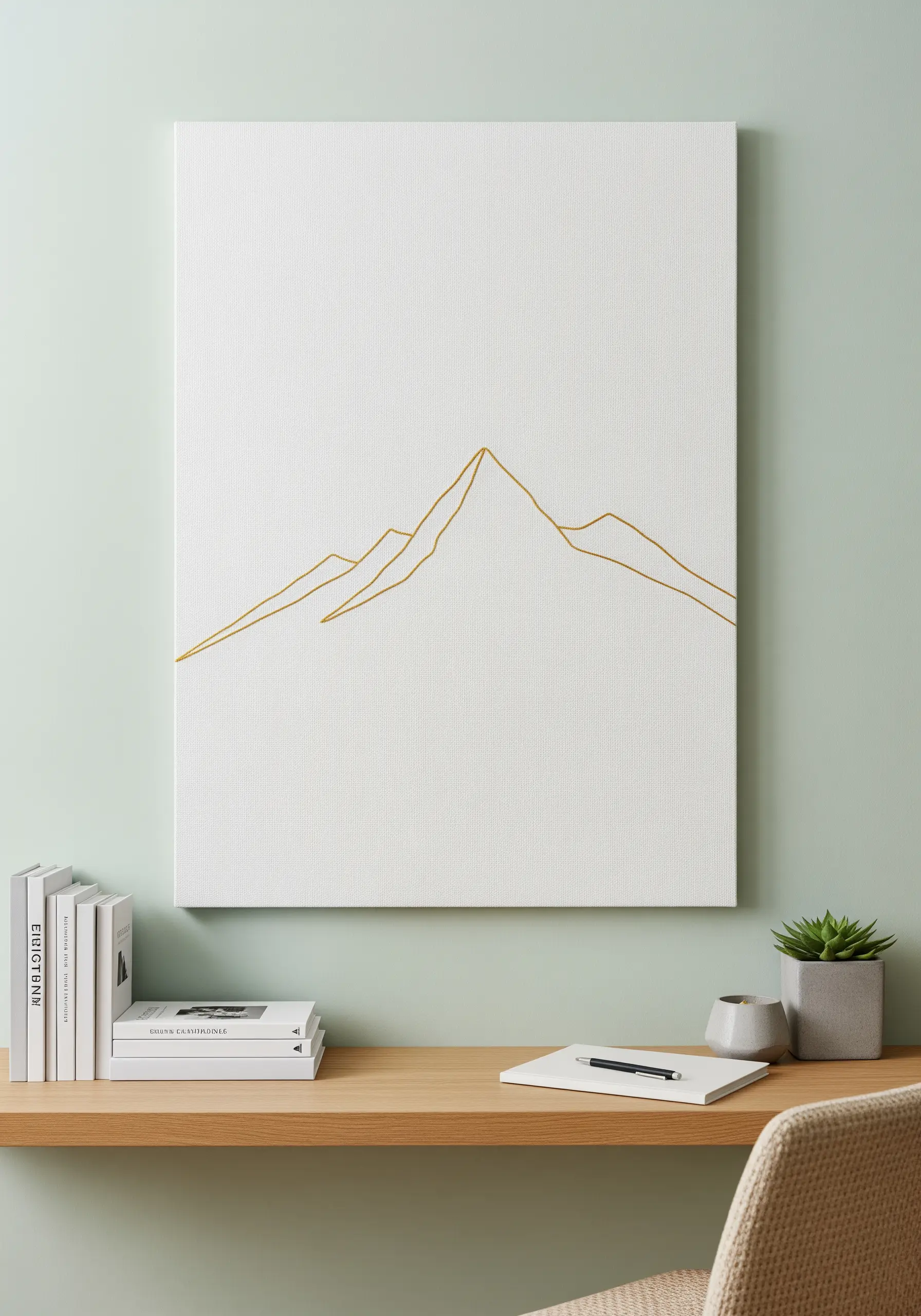 Minimalist one-line mountain range stitched in gold metallic thread on white canvas.