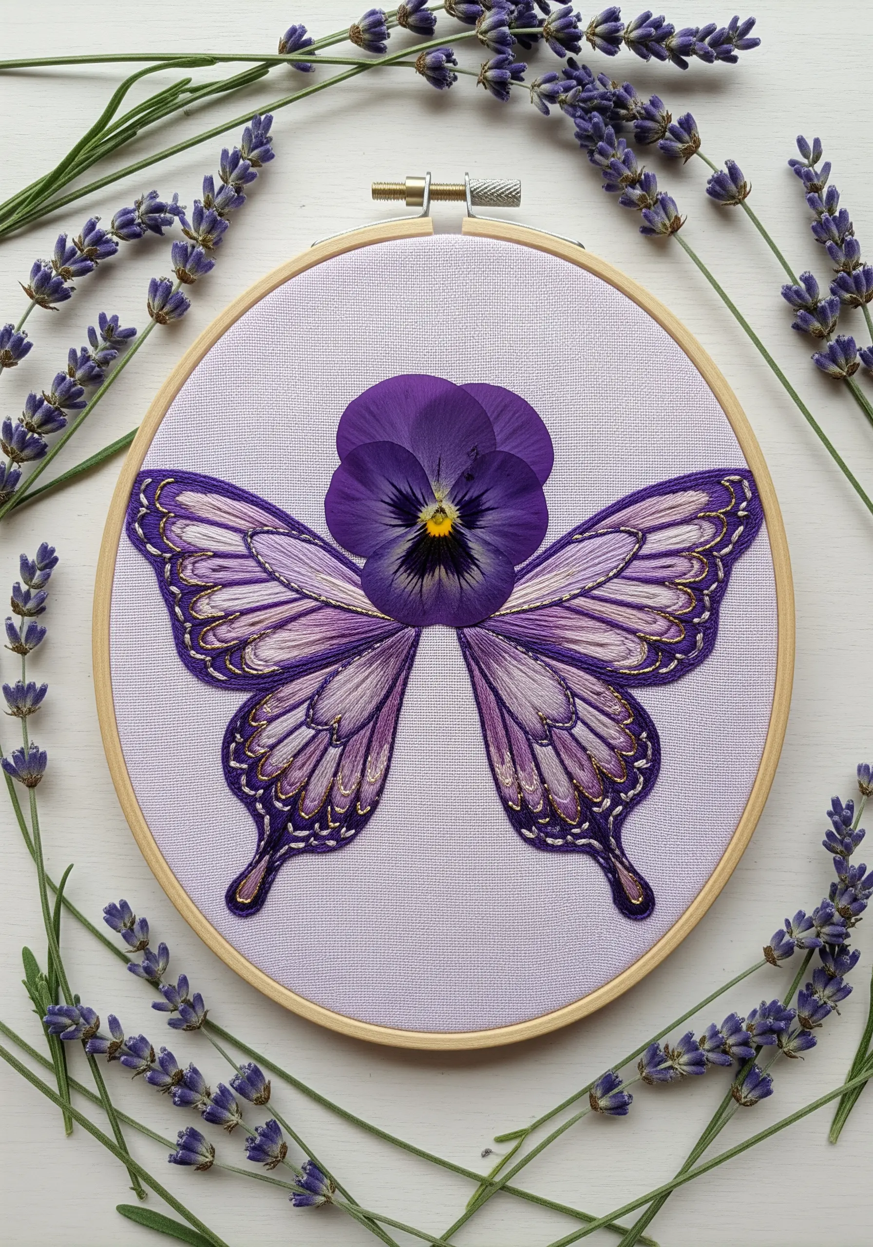 A pressed purple pansy with intricately embroidered butterfly wings in shades of purple, lavender, and gold.