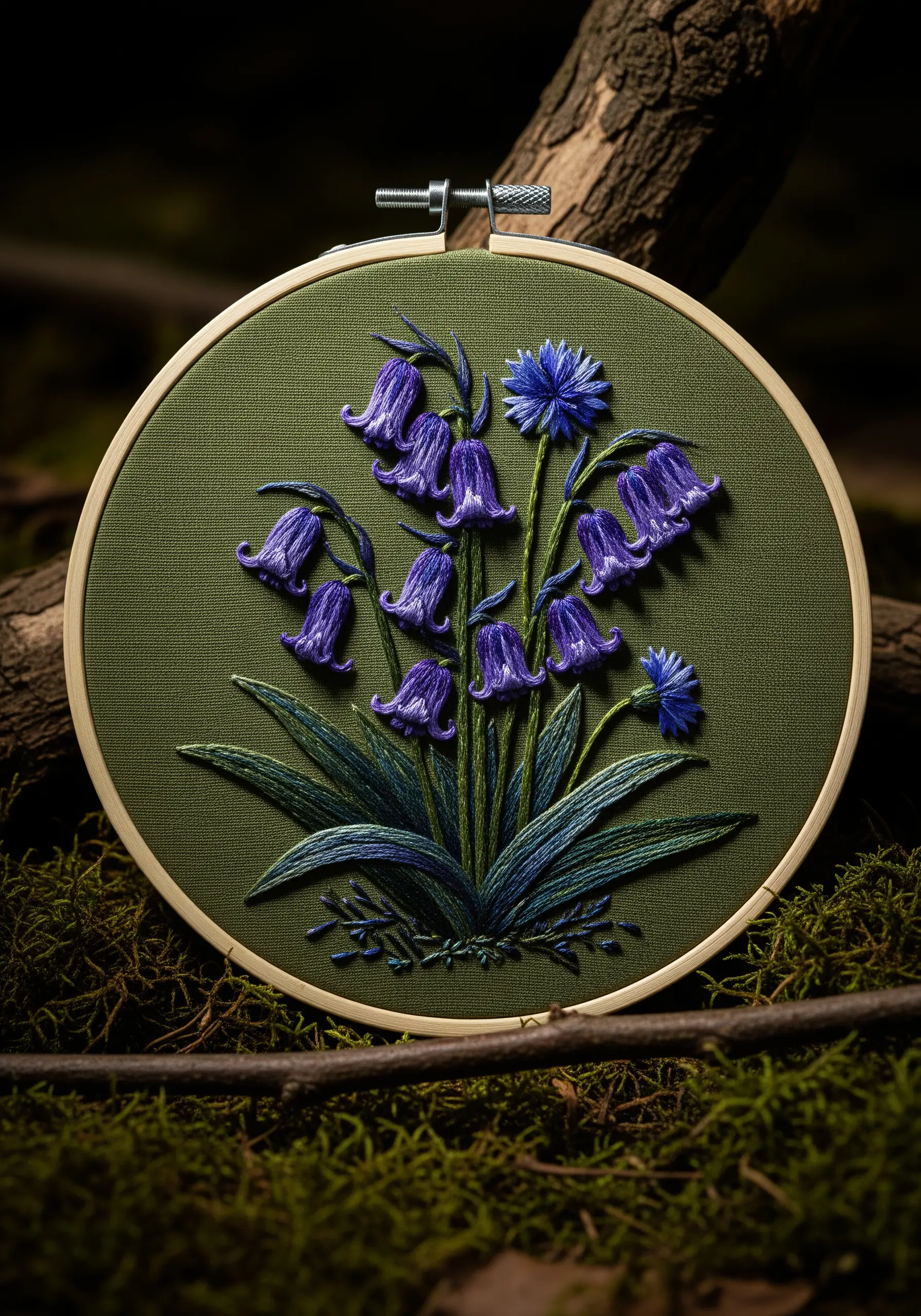 3D embroidered bluebells using padded satin stitch on a dark green mossy background.