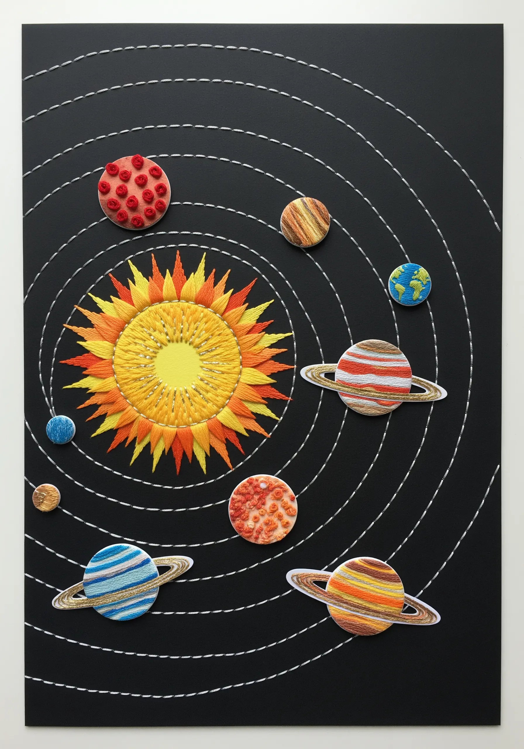 An embroidered solar system on black paper, with each planet stitched with a unique, colorful texture.