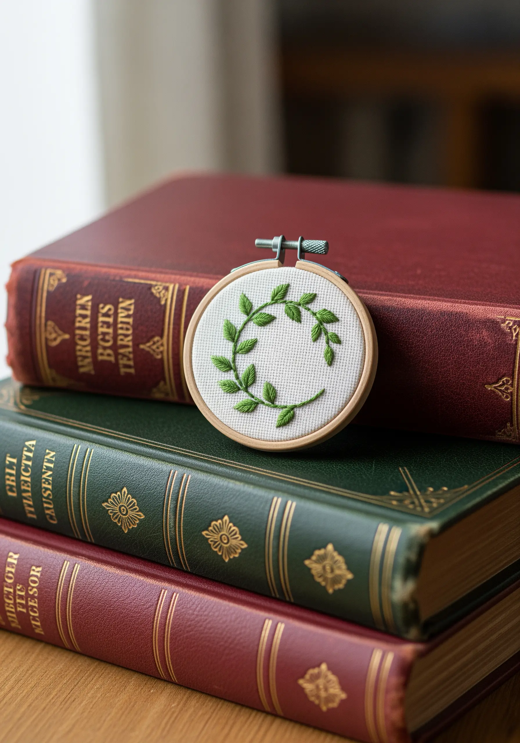 A delicate green leaf wreath embroidered in a tiny wooden hoop, resting on books.