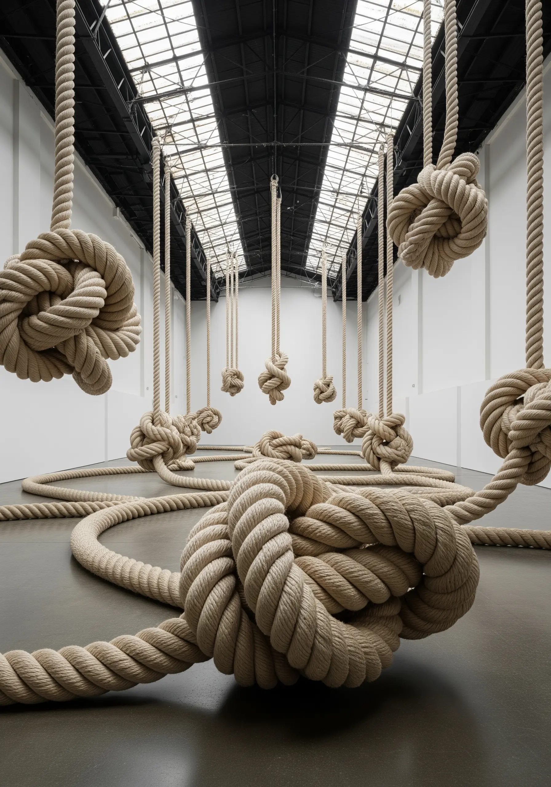 An art installation of oversized, heavy rope knots hanging from the ceiling.