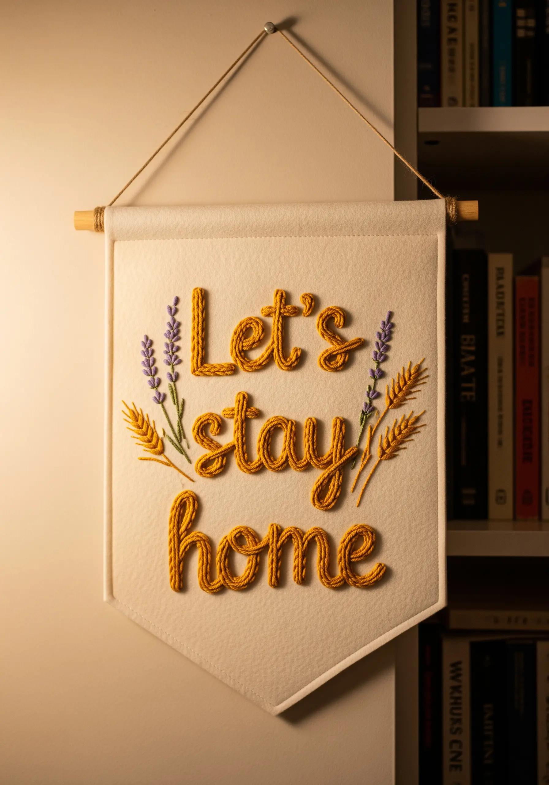 A white felt pennant with the words 'Let's stay home' embroidered in chunky yellow yarn.
