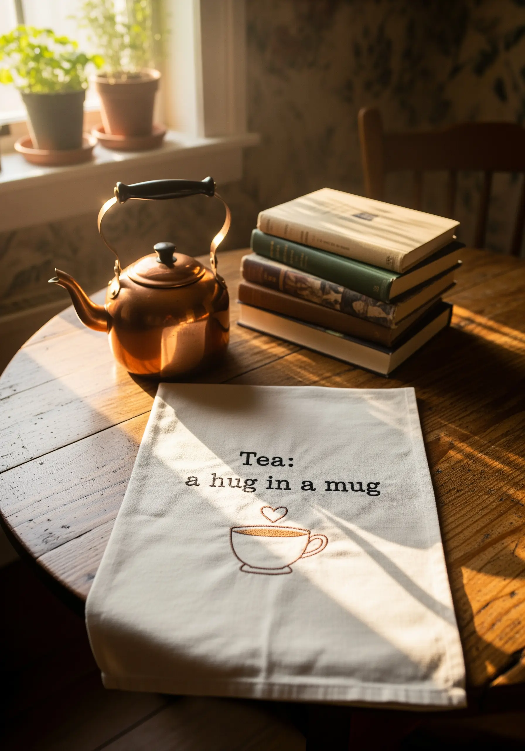 A kitchen towel embroidered with the quote 'Tea: a hug in a mug' and a teacup.