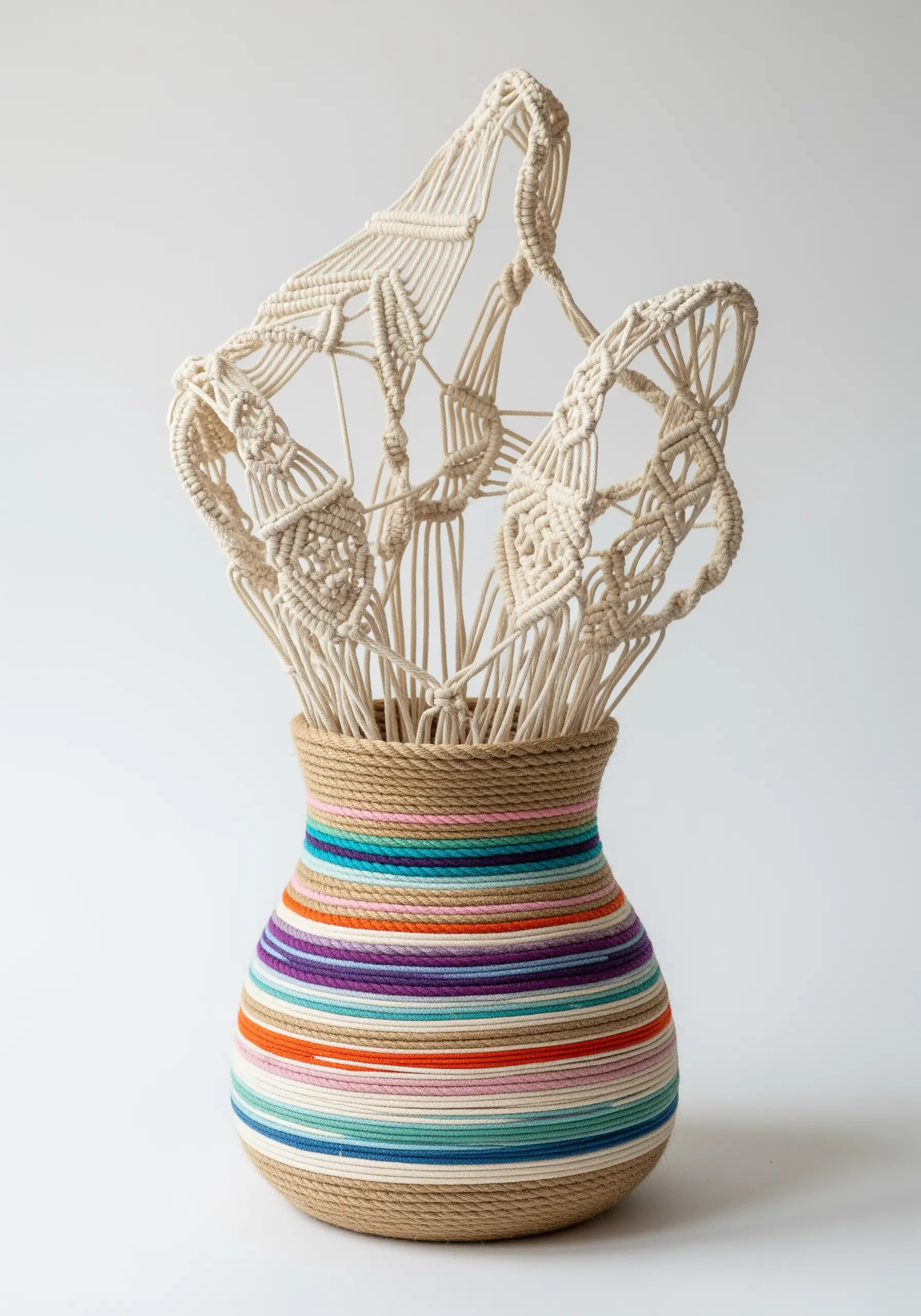 Abstract white macrame sculpture with stiff, arching forms rising from a colorful striped vase.