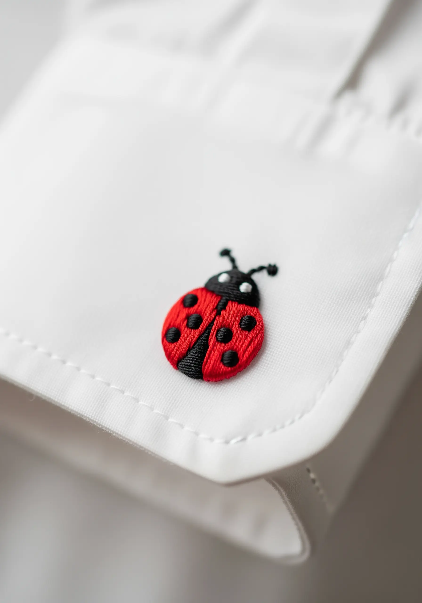 A tiny, perfectly stitched ladybug with a raised satin stitch on a white shirt cuff.