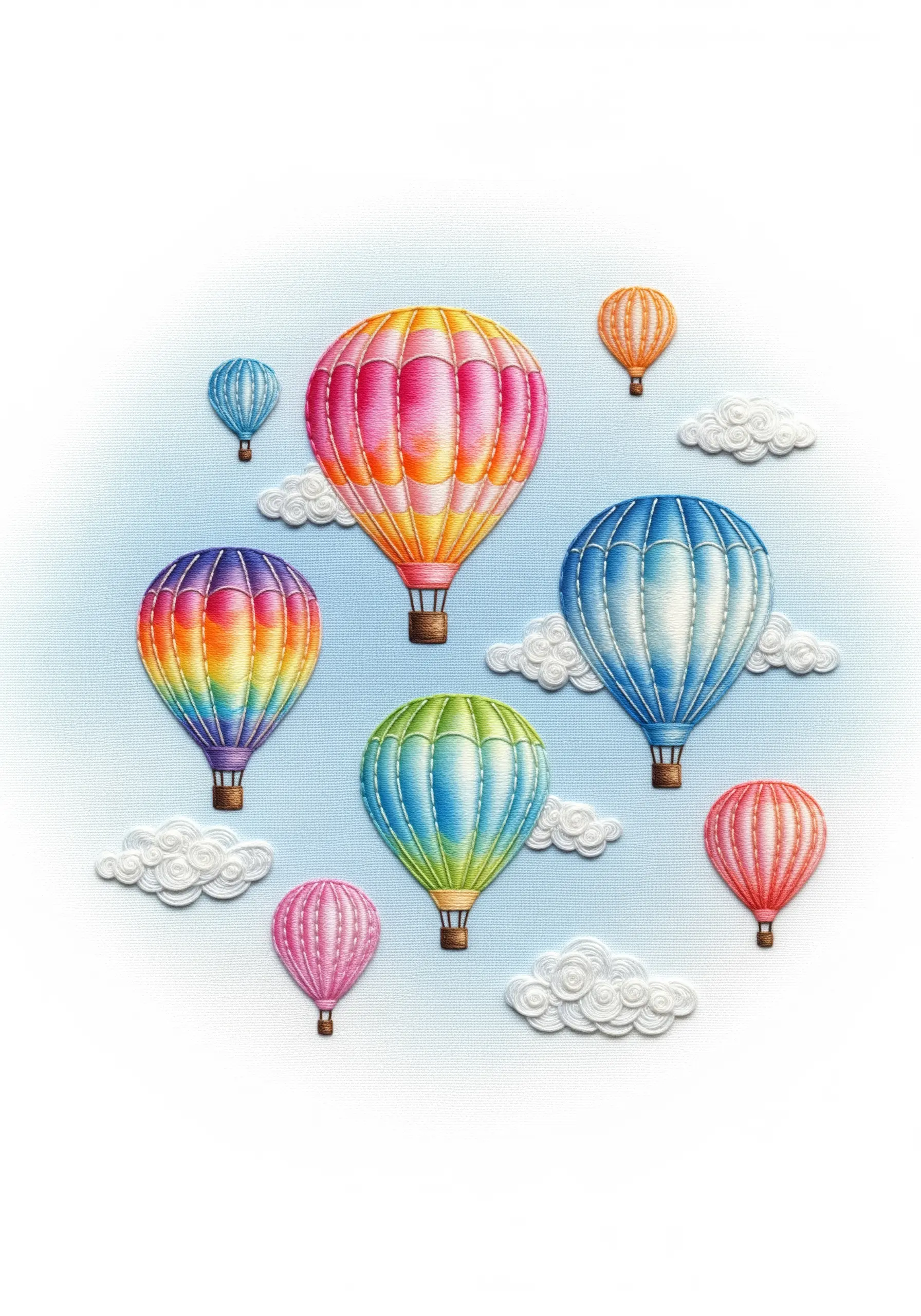 Colorful embroidered hot air balloons with a soft, 3D padded appliqué effect.