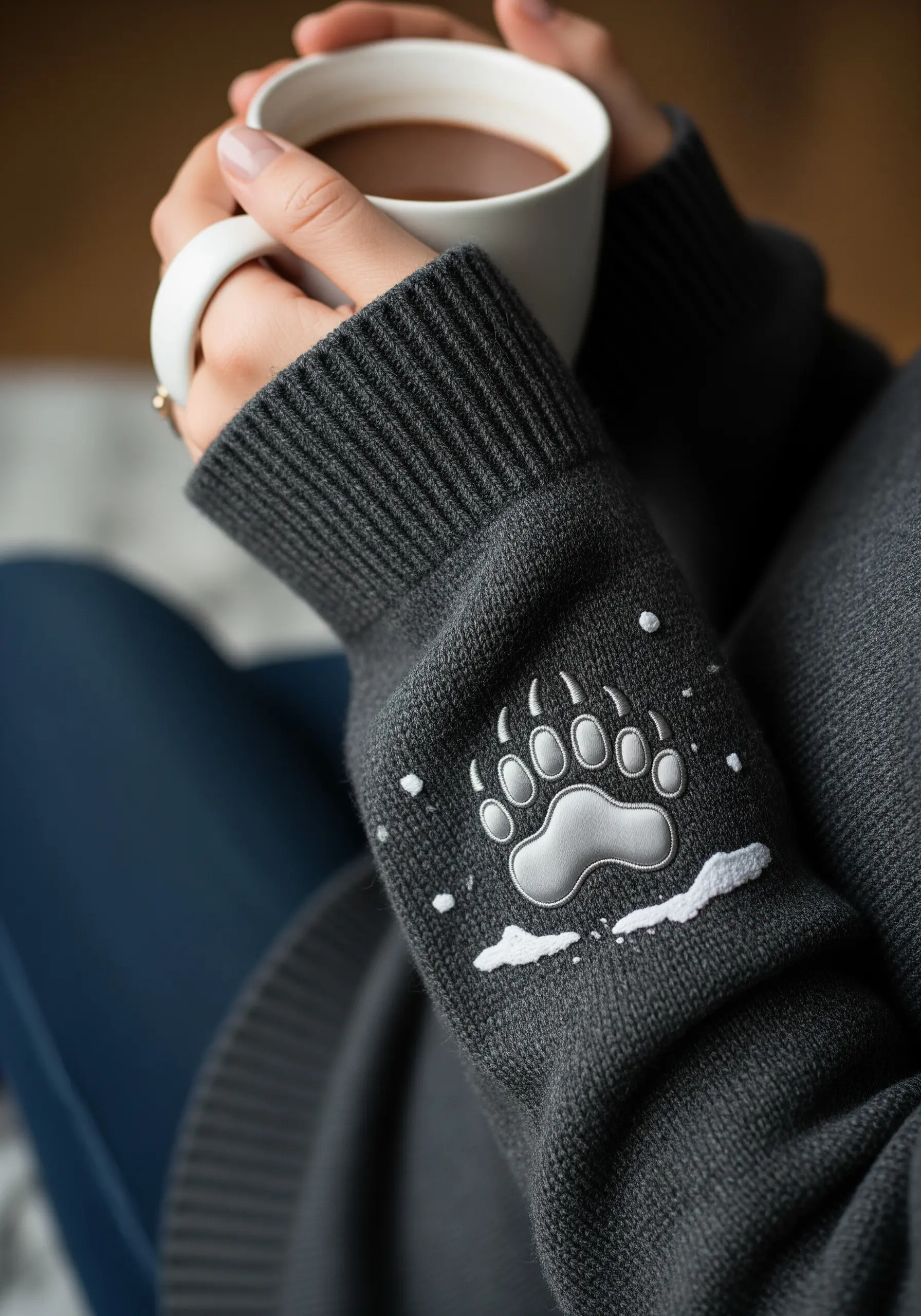 A raised, padded satin stitch polar bear paw embroidered on the cuff of a dark grey sweater.