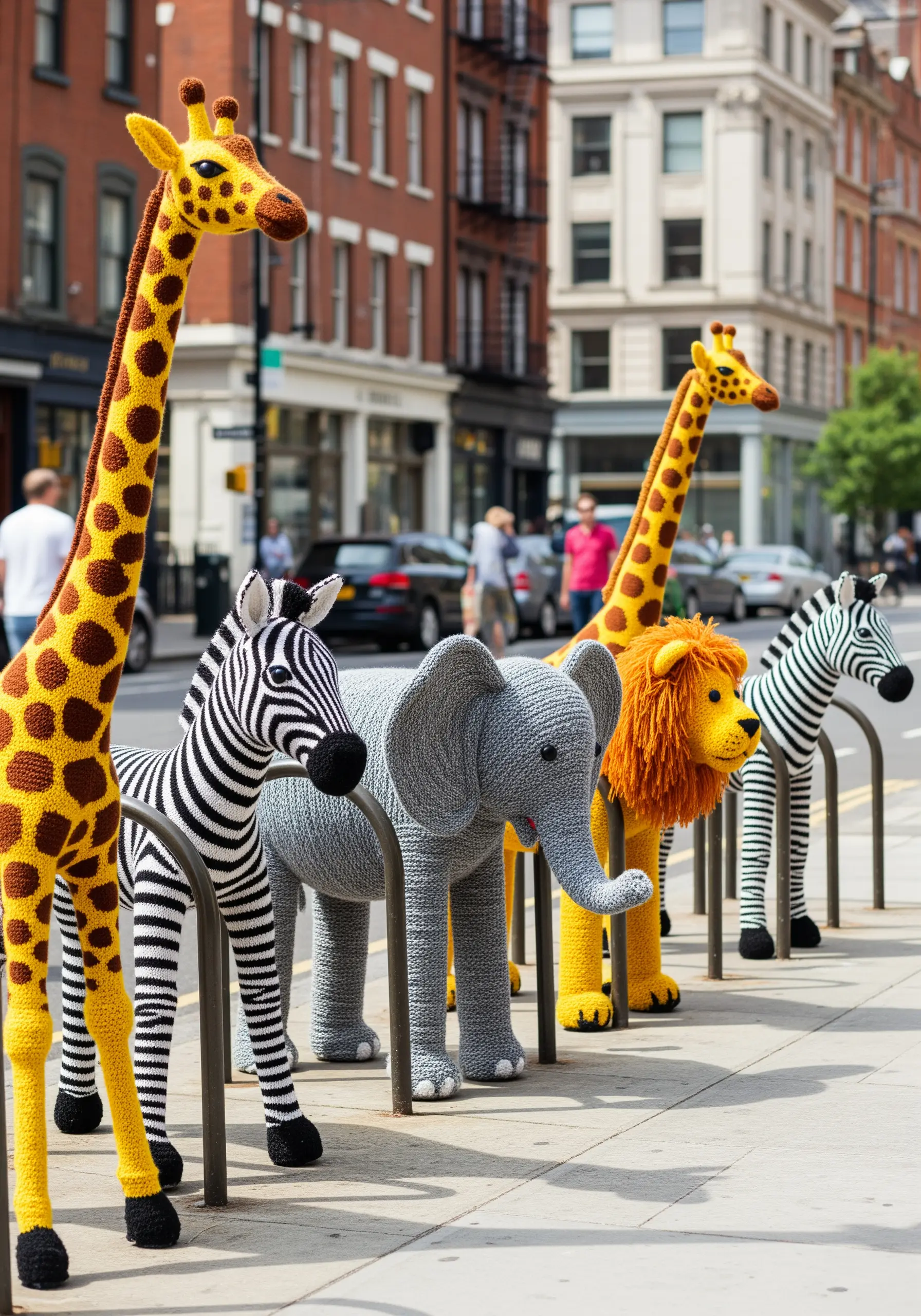 Crocheted sculptures of a giraffe, zebras, an elephant, and a lion on a city street.