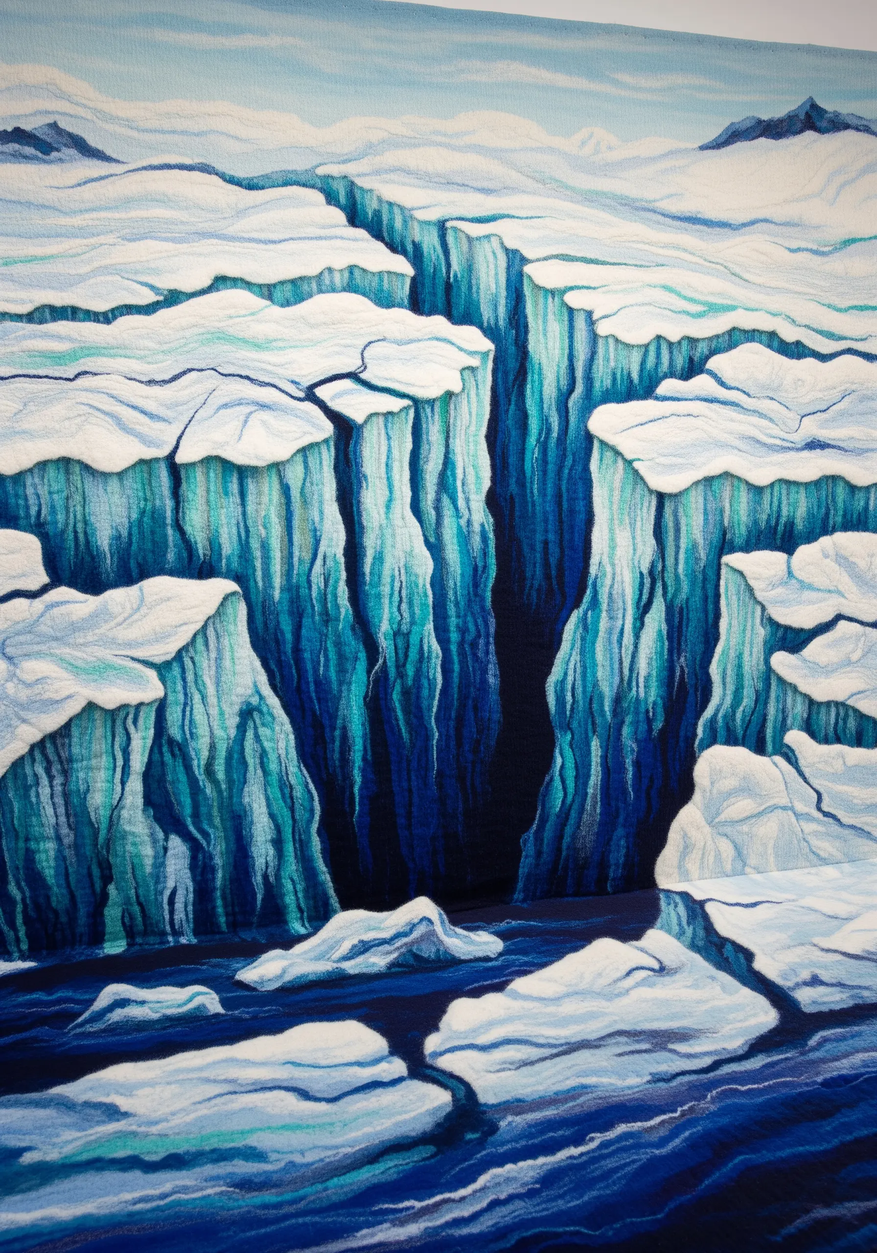 An embroidered tapestry of a deep blue ice crevasse, showing depth and shadow.