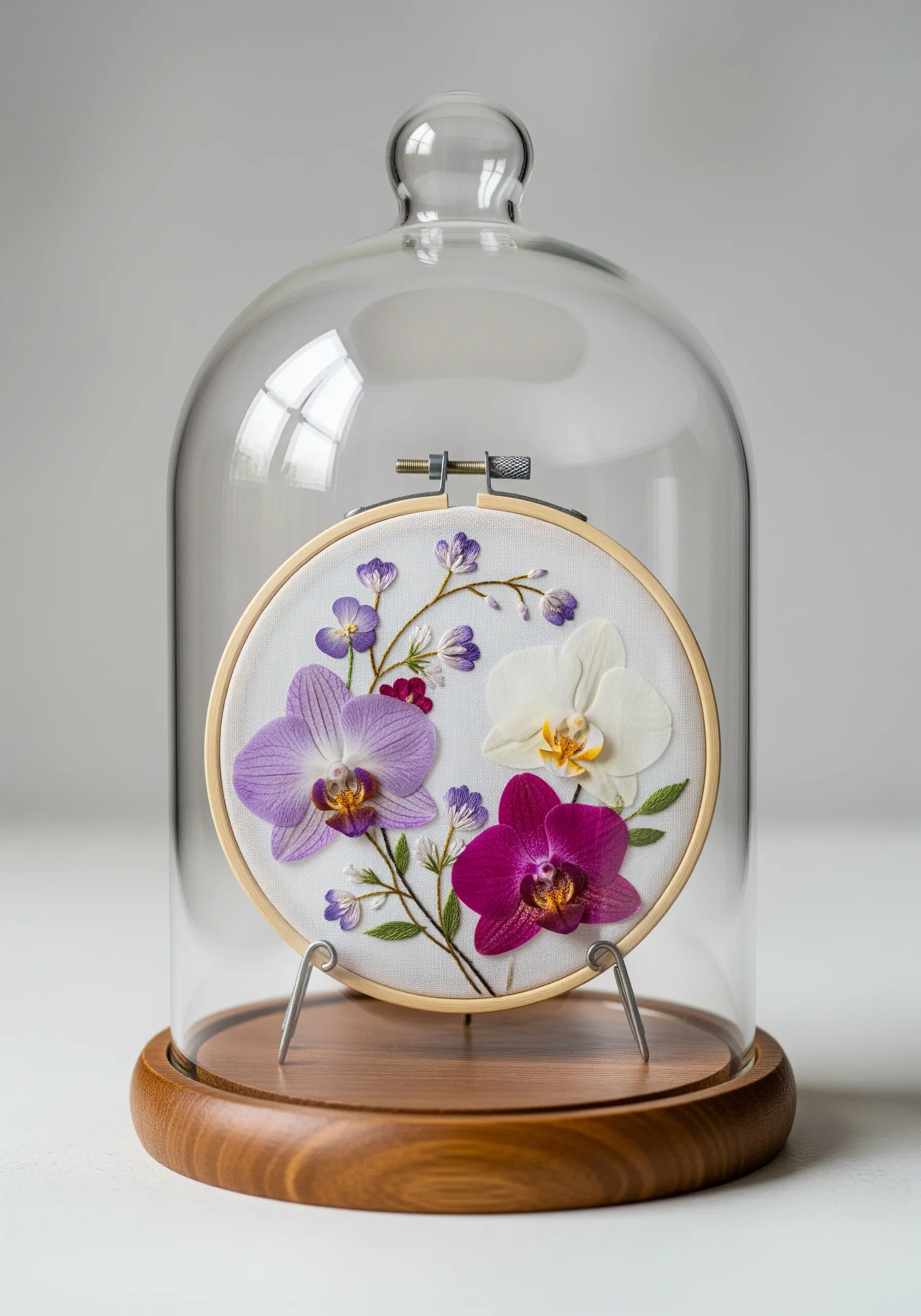 Orchid embroidery display inside a glass bell jar cloche