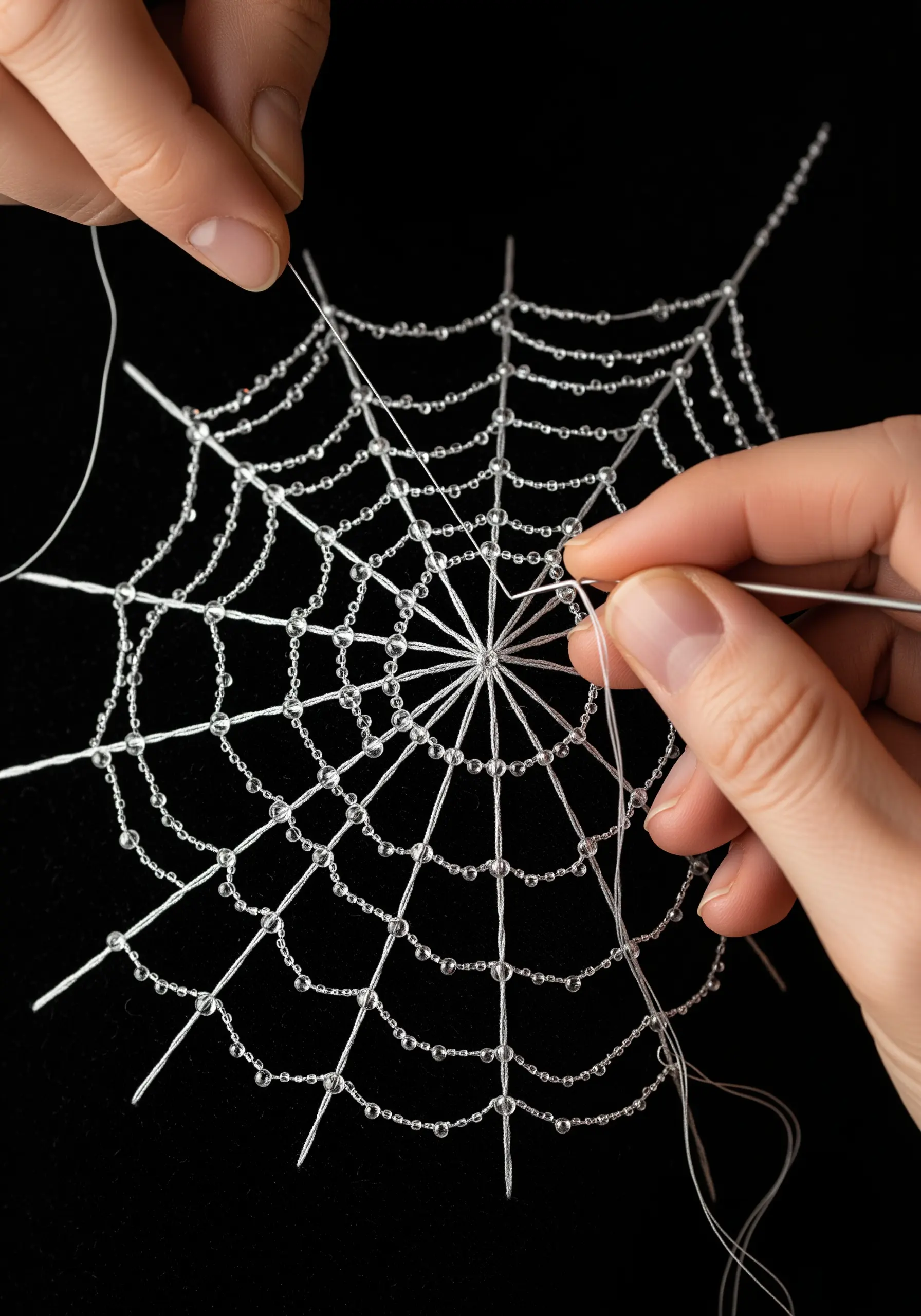 A delicate spiderweb being stitched with fine thread and clear beads on black fabric.