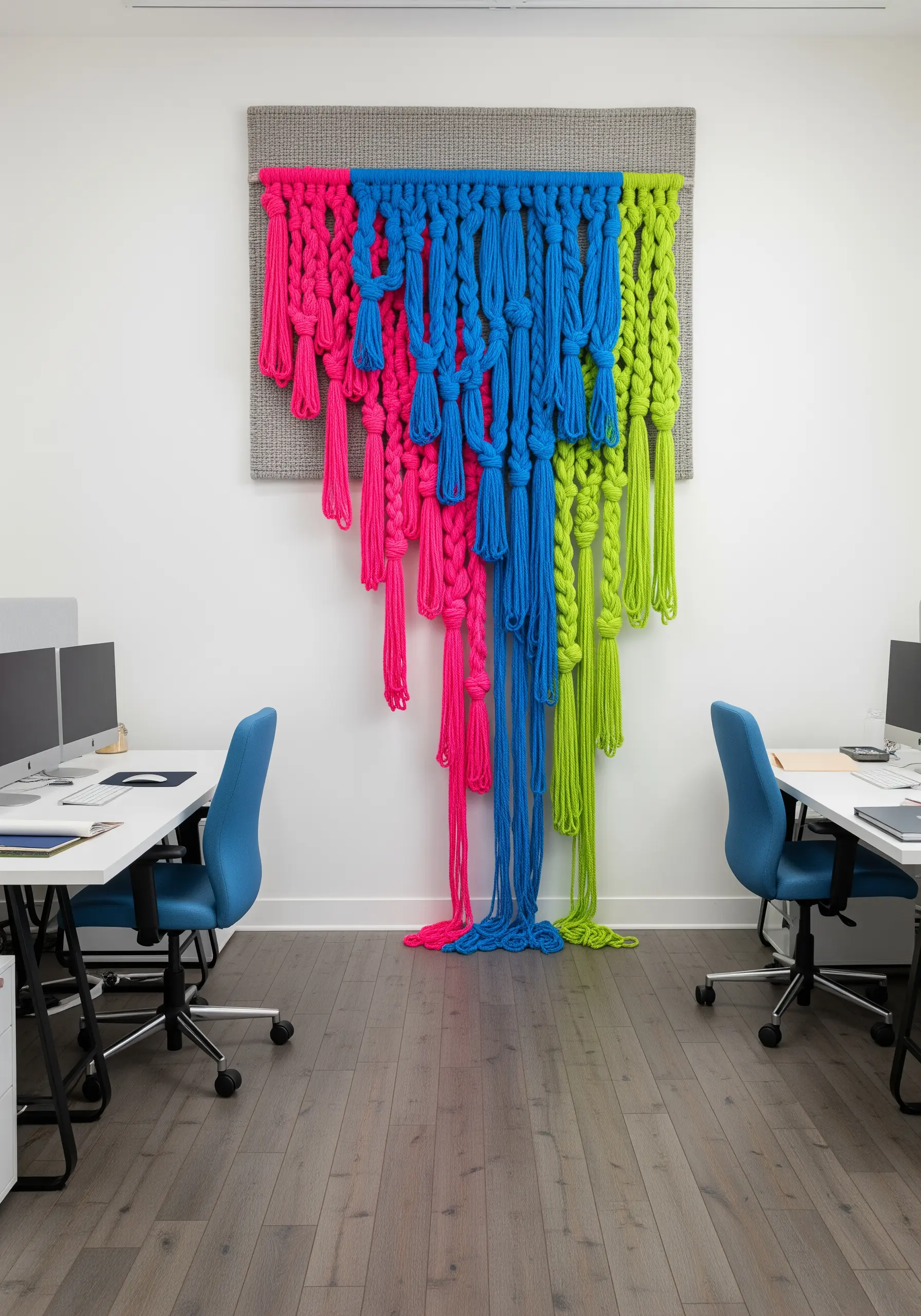 A large-scale installation of oversized, knotted yarn in bright pink, blue, and lime green.