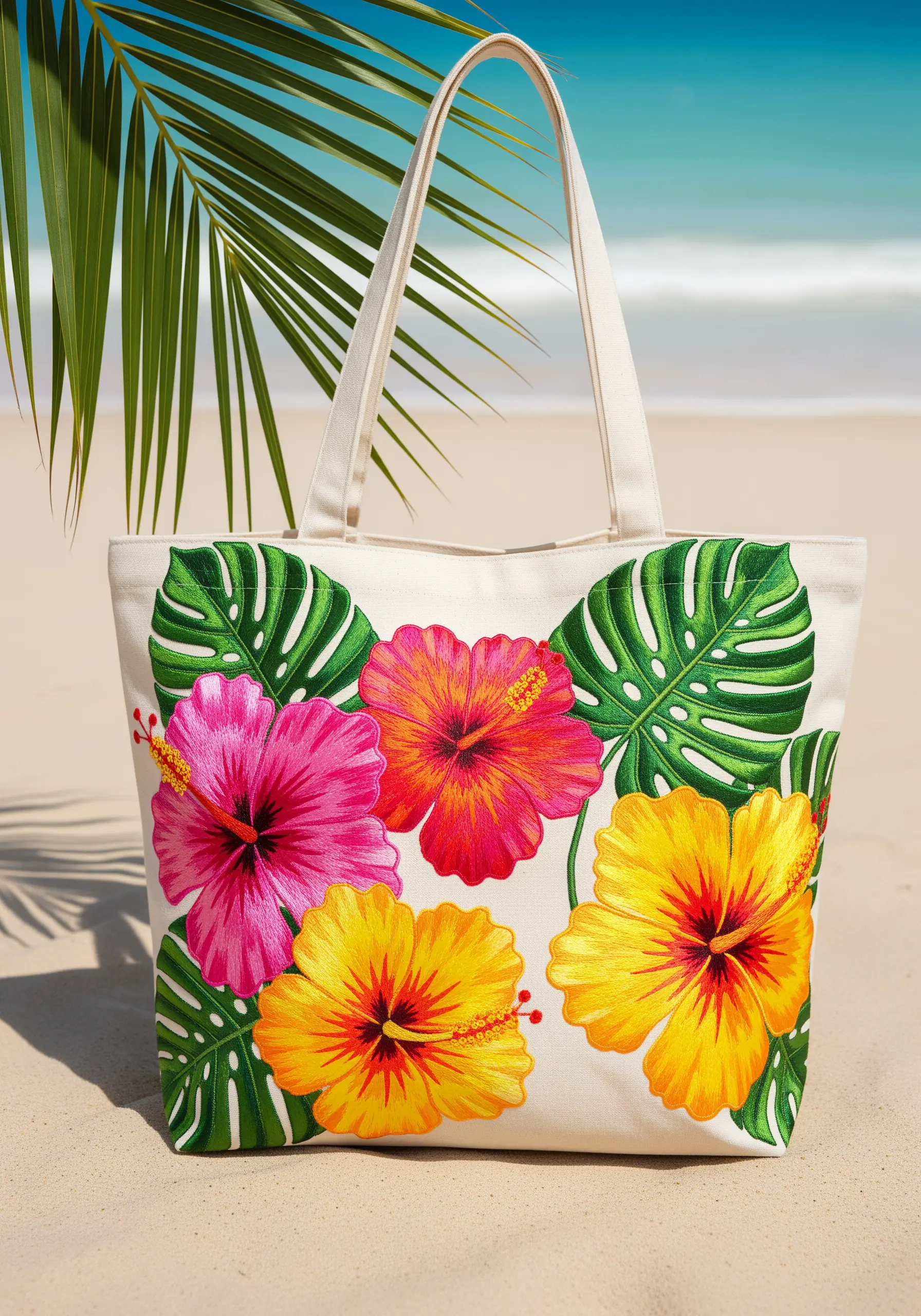 Bold, colorful hibiscus flowers and monstera leaves embroidered on a beach tote bag.