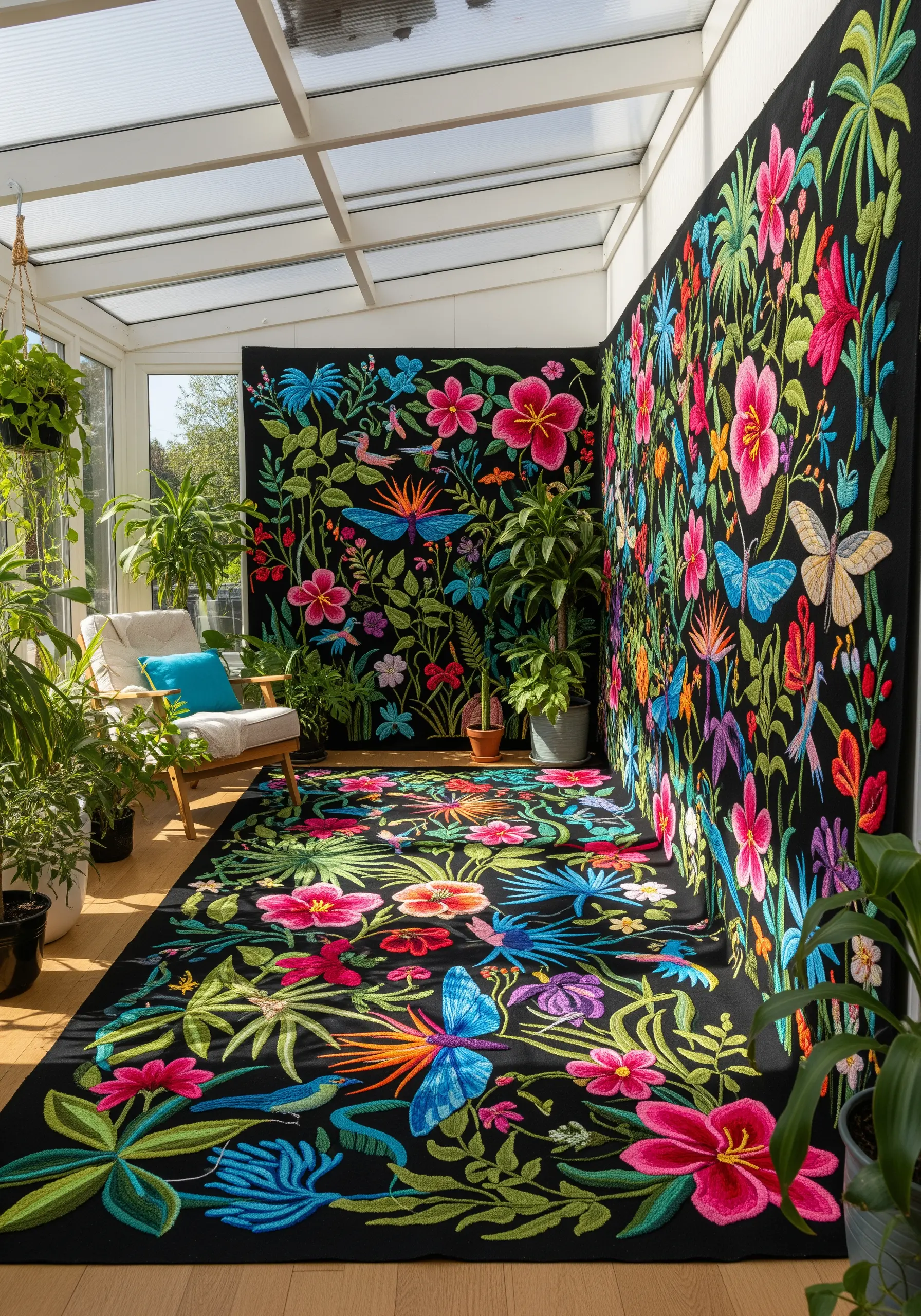A floor-to-ceiling embroidered wall panel and matching rug with a dense, colorful tropical flower pattern.