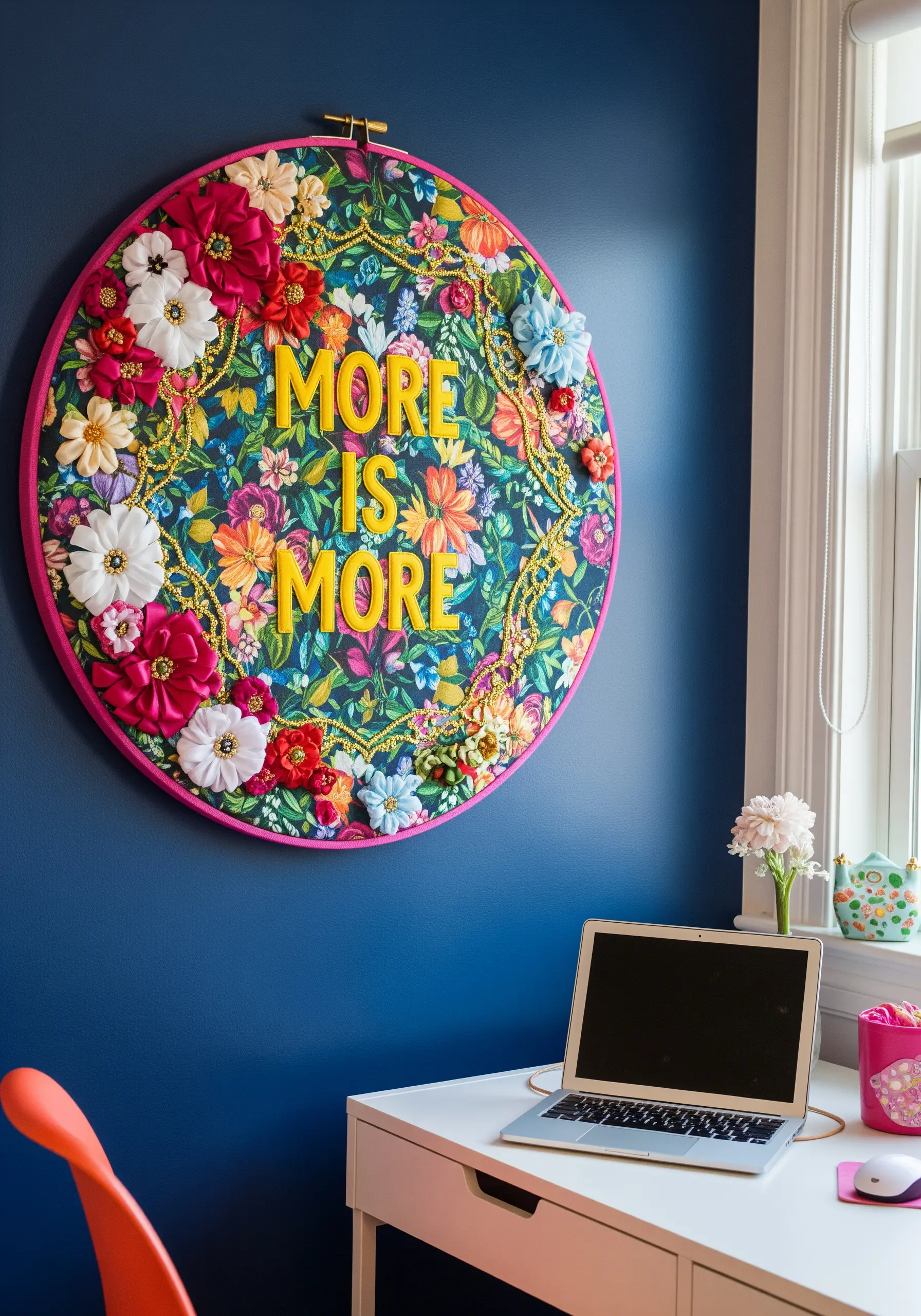 Maximalist embroidery on printed fabric with 3D ribbon flowers and embellishments.