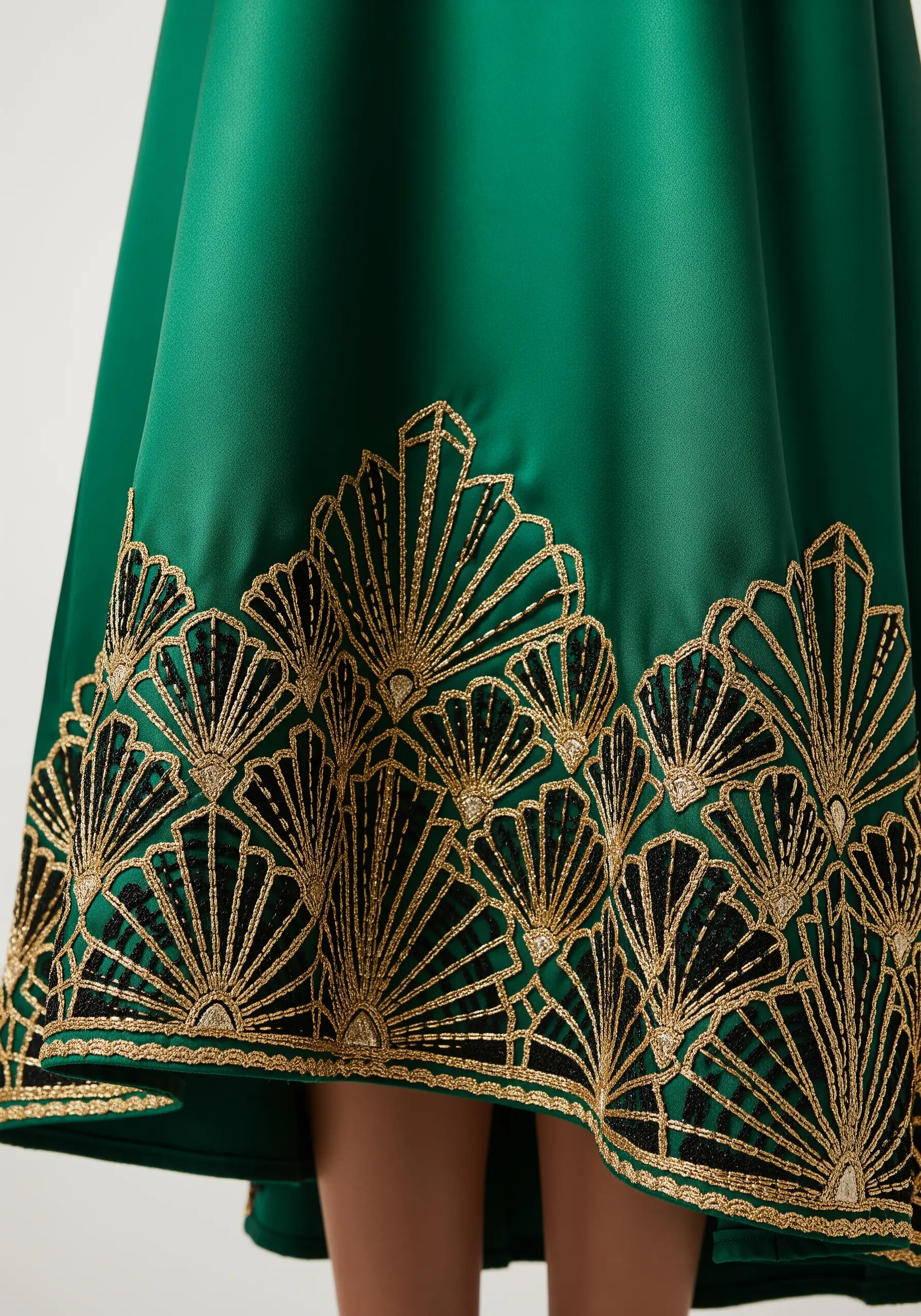 Green dress with gold metallic embroidered Art Deco fan pattern