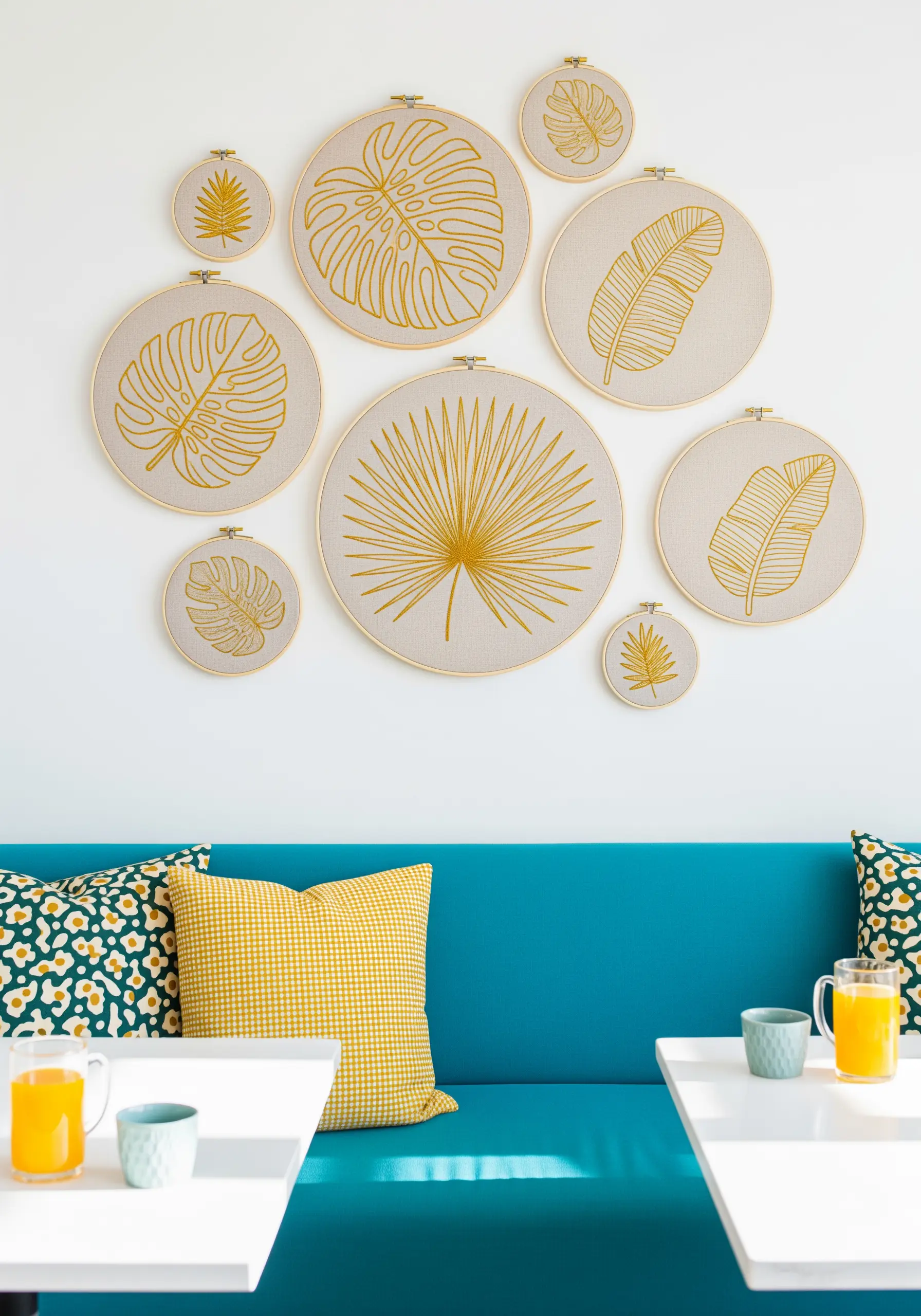A gallery wall of multiple embroidery hoops featuring minimalist gold leaf outlines on linen.