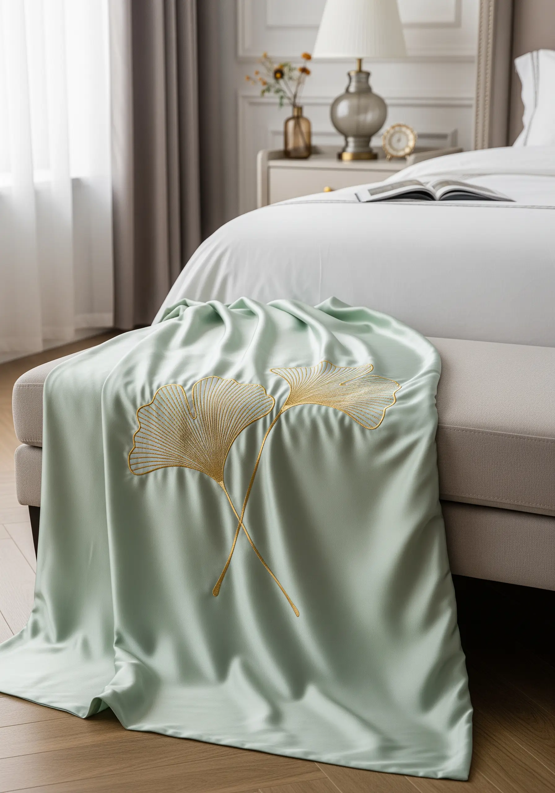 Two large ginkgo leaves embroidered in gold thread on a sage green silk throw.