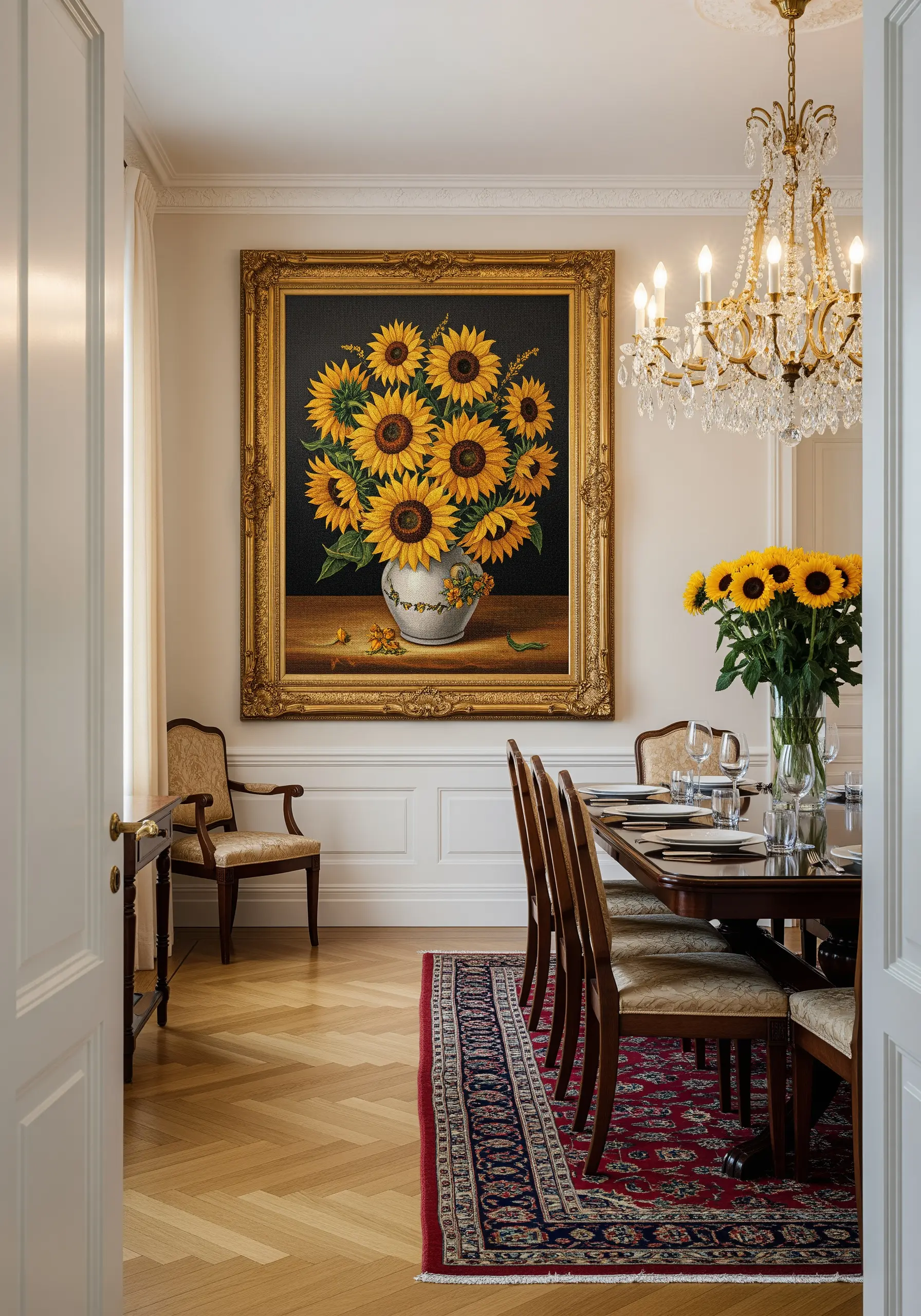 A large, ornately framed embroidery of a vase of sunflowers, in the style of a classic painting.