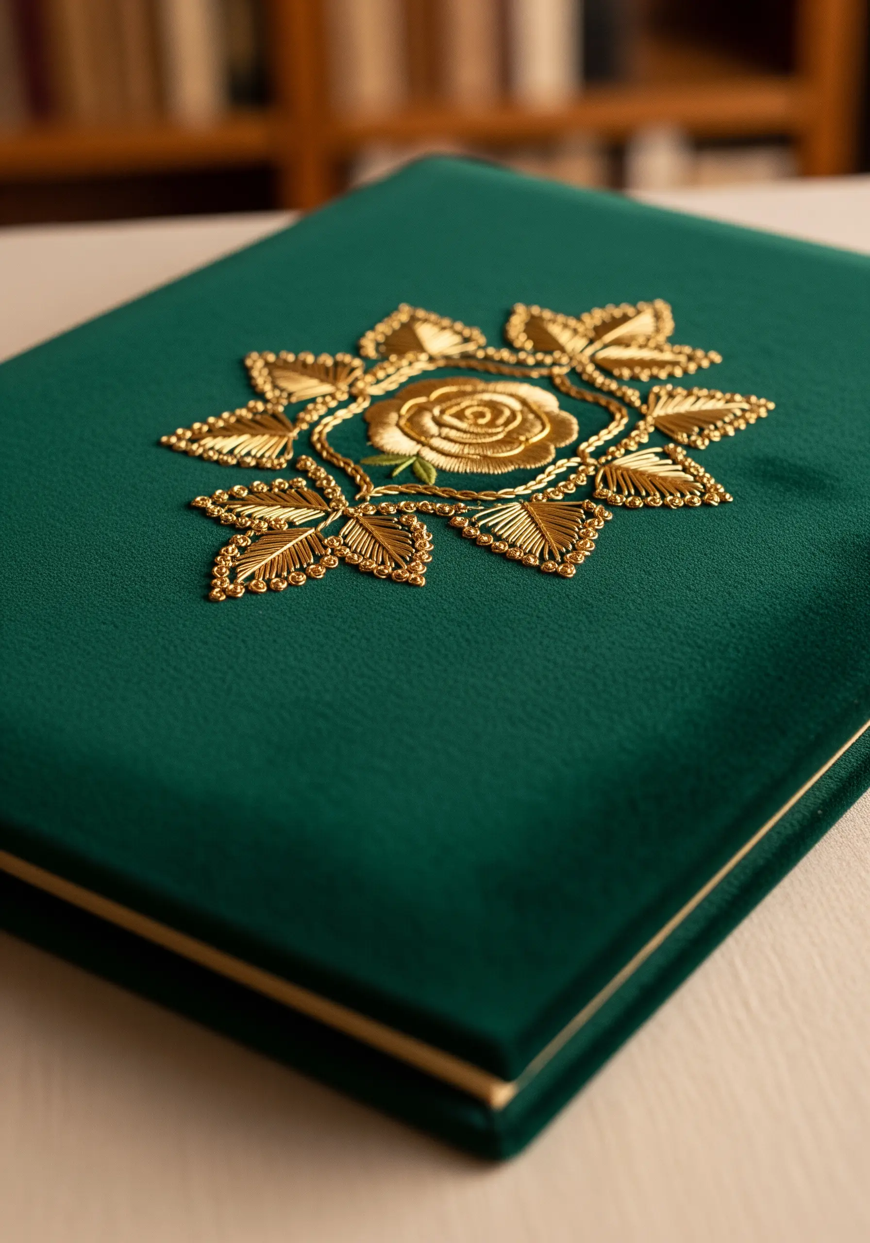 Gold thread rose embroidery on green velvet book