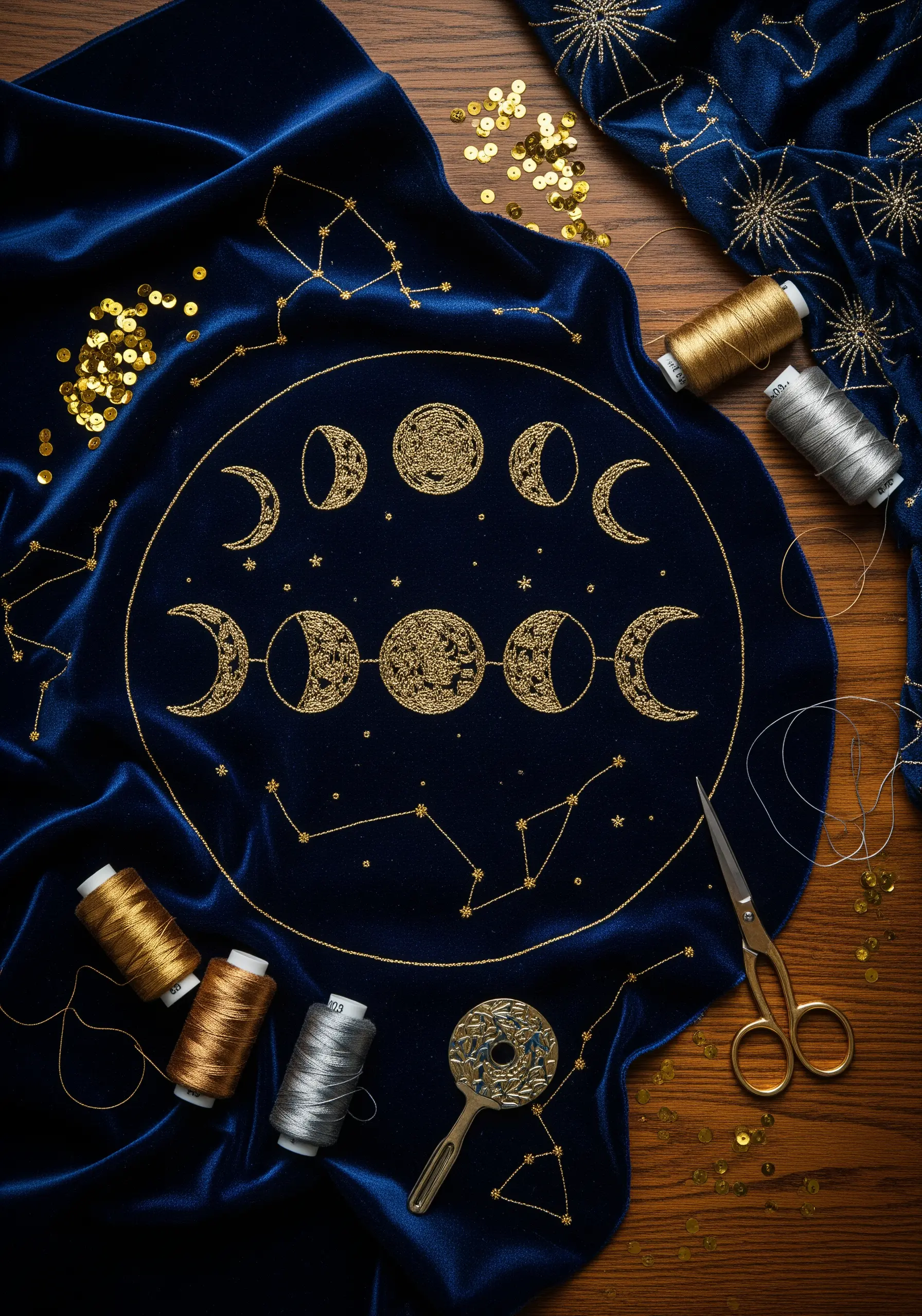 Navy velvet hoop with gold moon phases and constellations