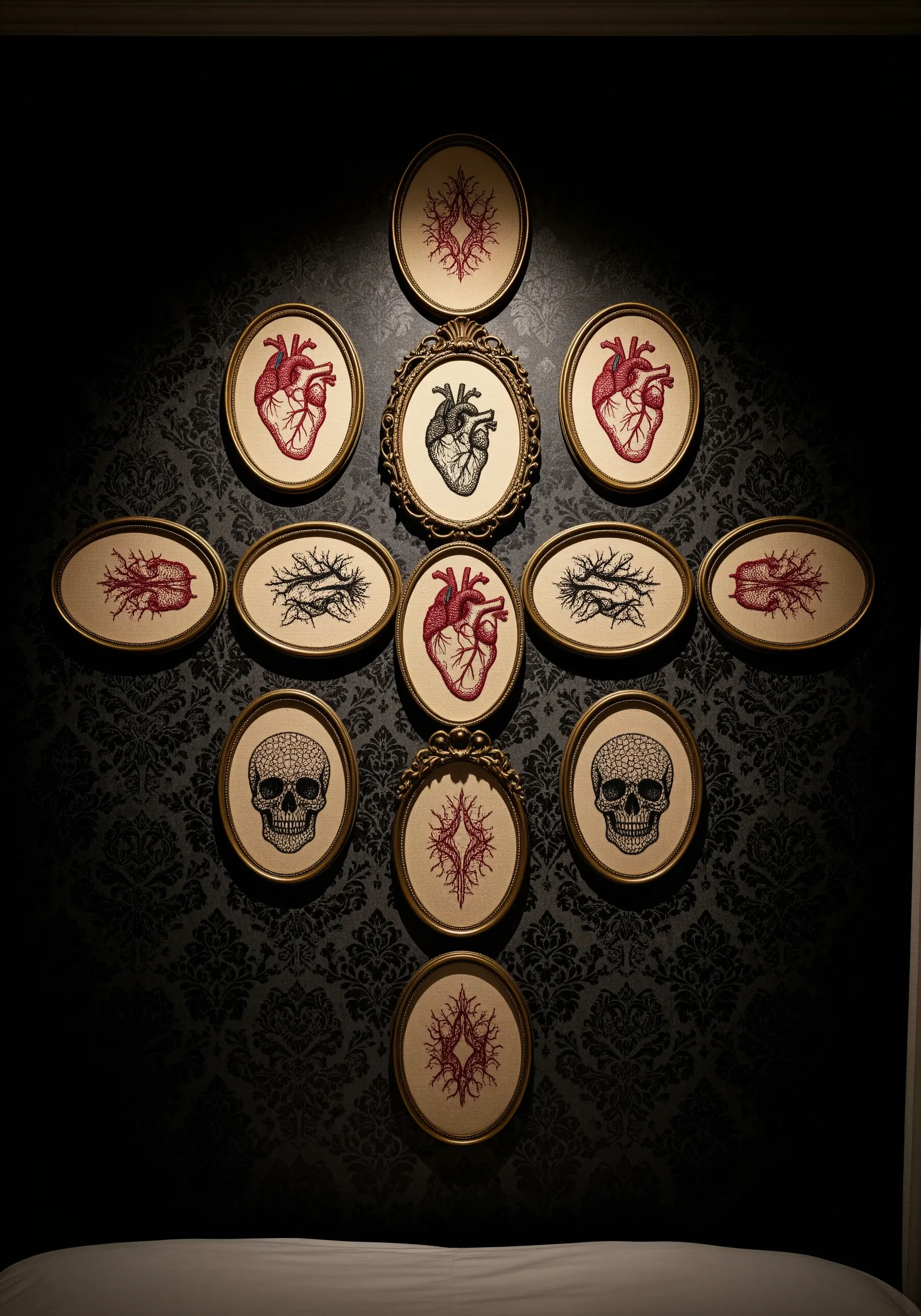 Anatomical heart and skull embroidery on ornate frames