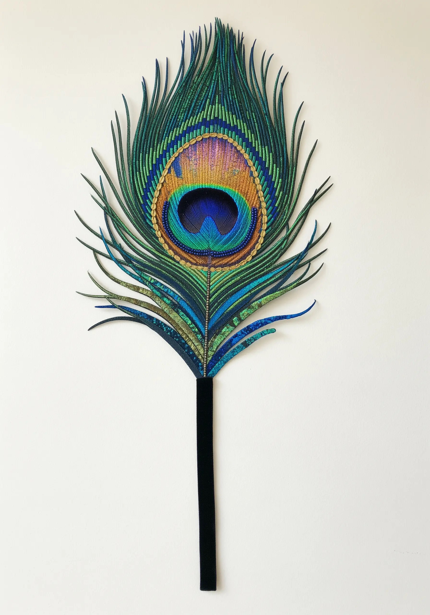 Intricate thread-painted peacock feather with metallic thread and bead details.