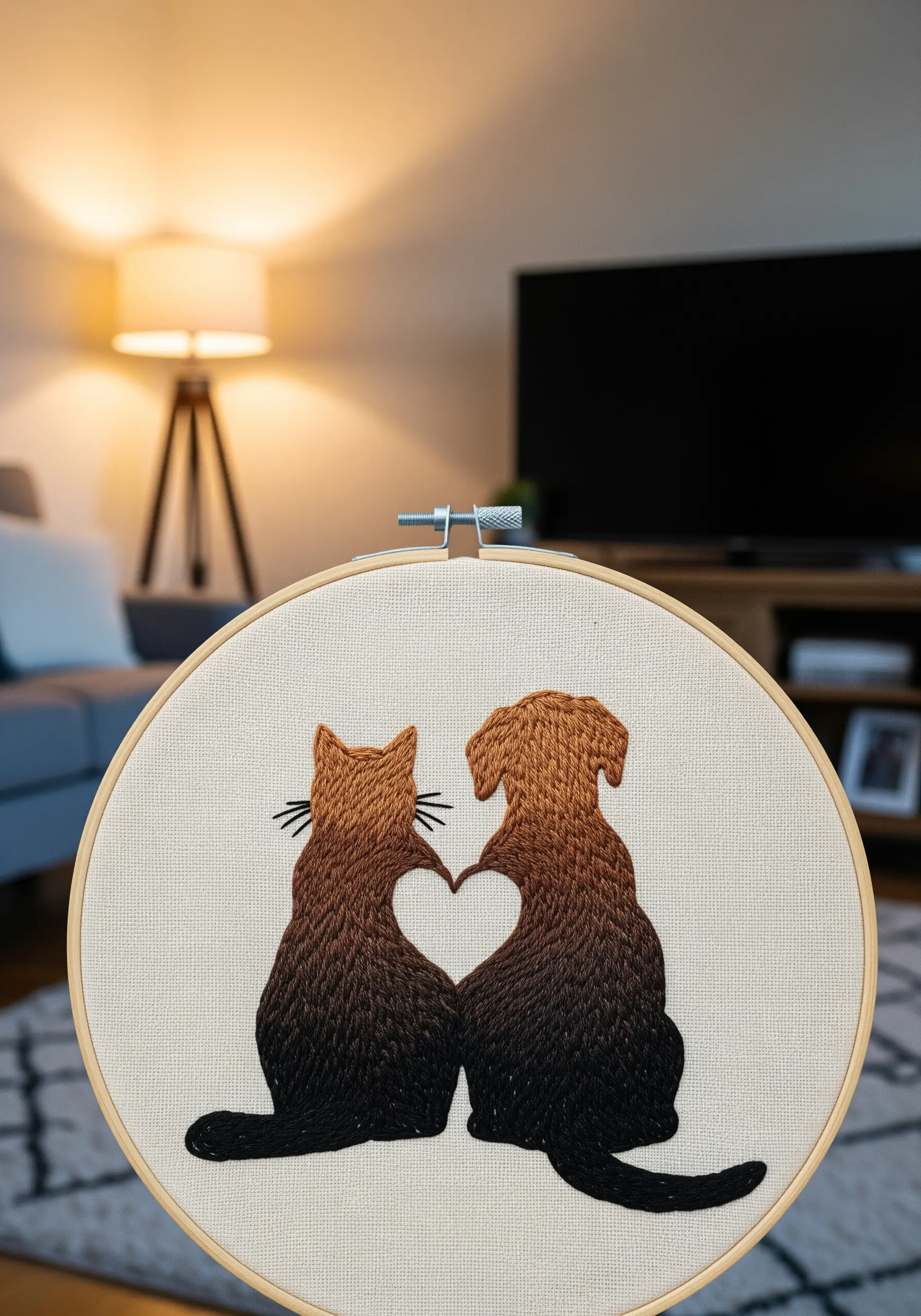 Gradient brown and black embroidery of cat and dog creating a heart shape