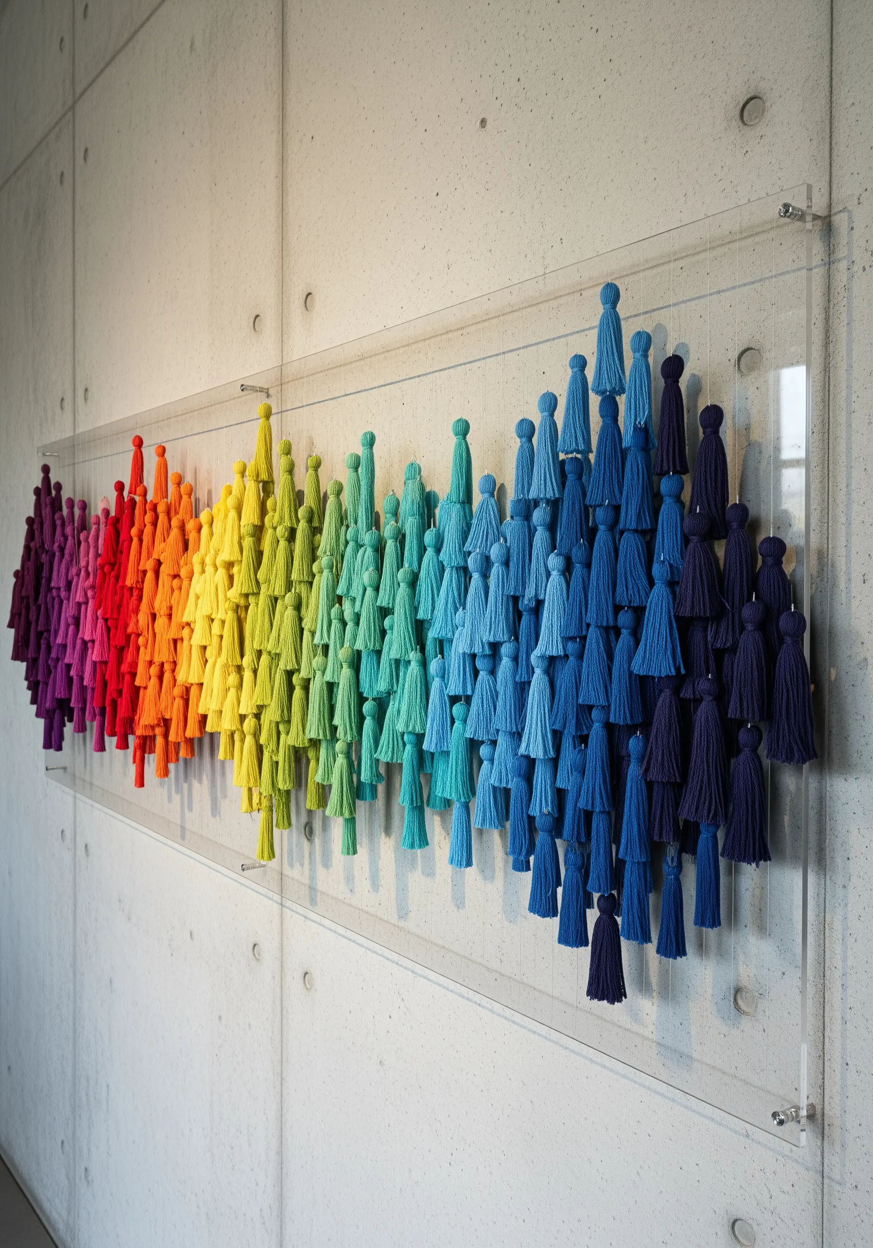 Rainbow gradient of yarn tassels suspended in a clear acrylic display case