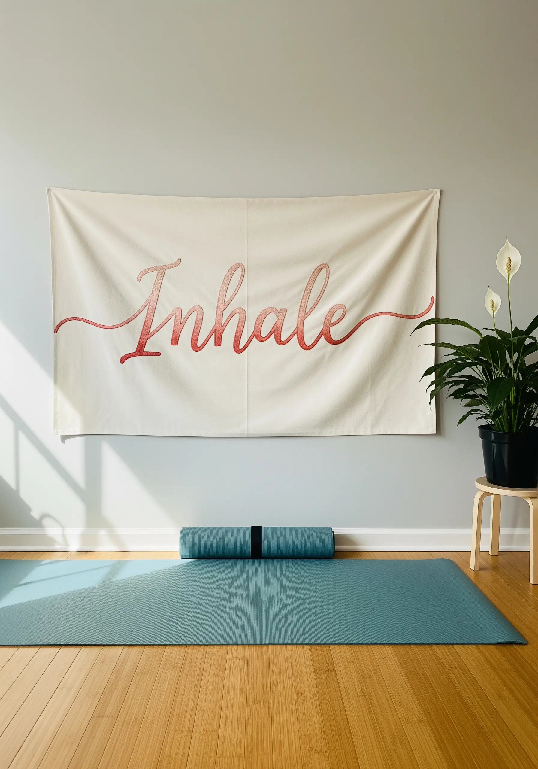 Inhale text embroidery banner with pink to red gradient split stitch
