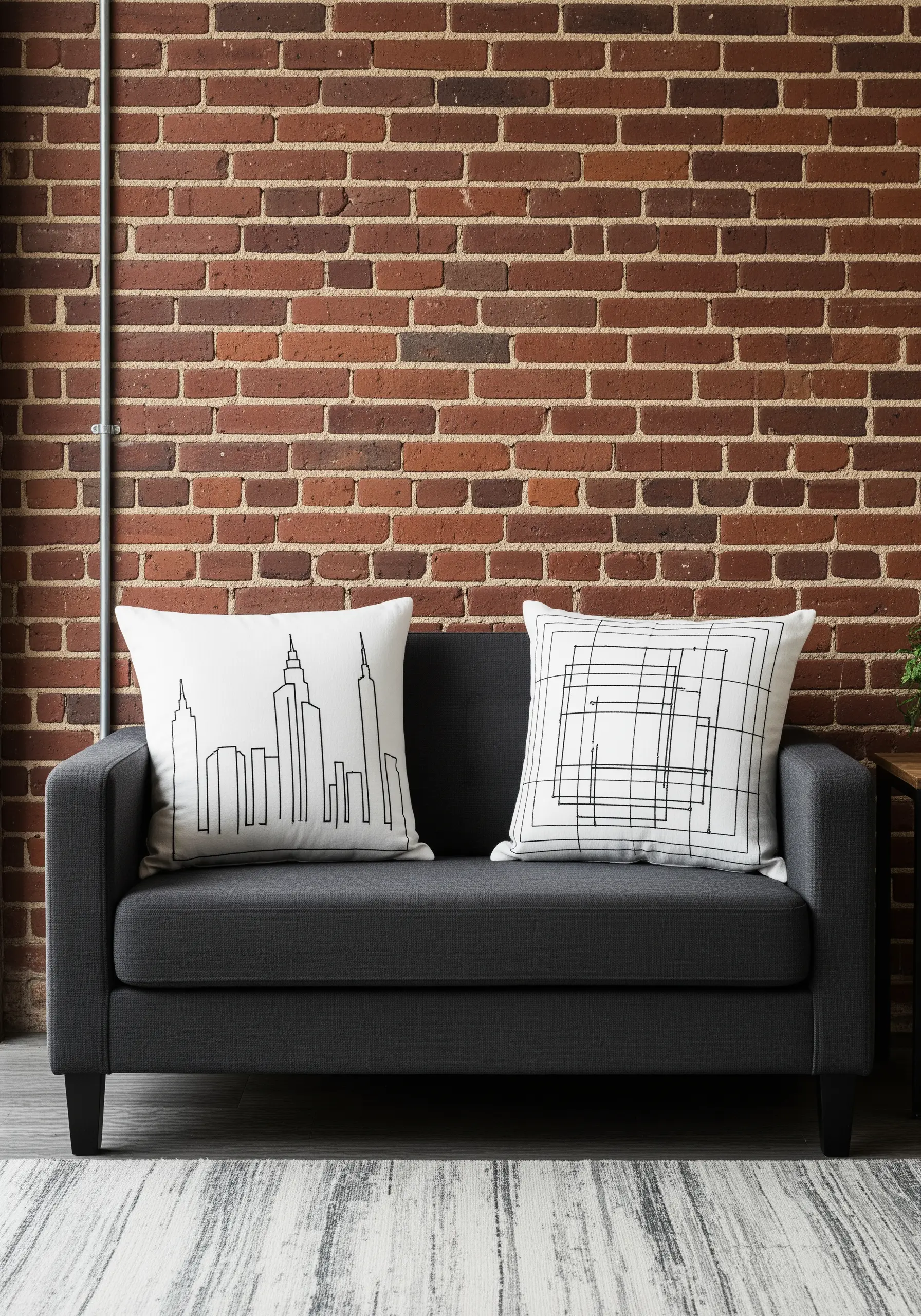 Two white cushions with minimalist black line art: one of a city skyline, one abstract.