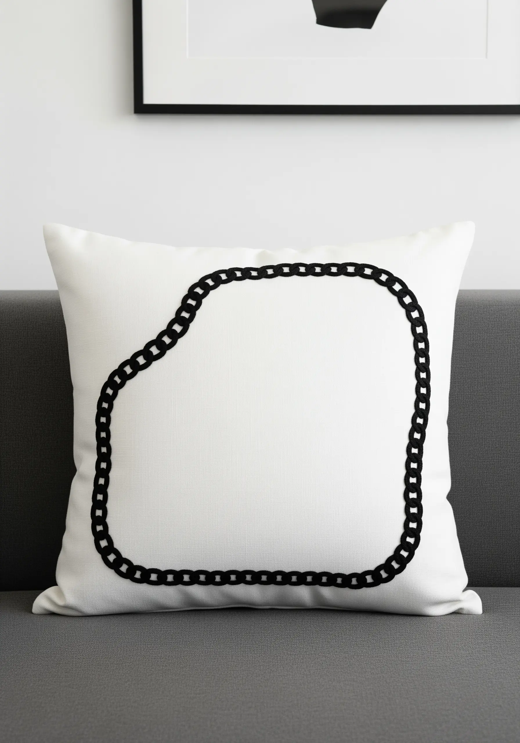 A bold black chain motif outlining an abstract shape on a white pillow.