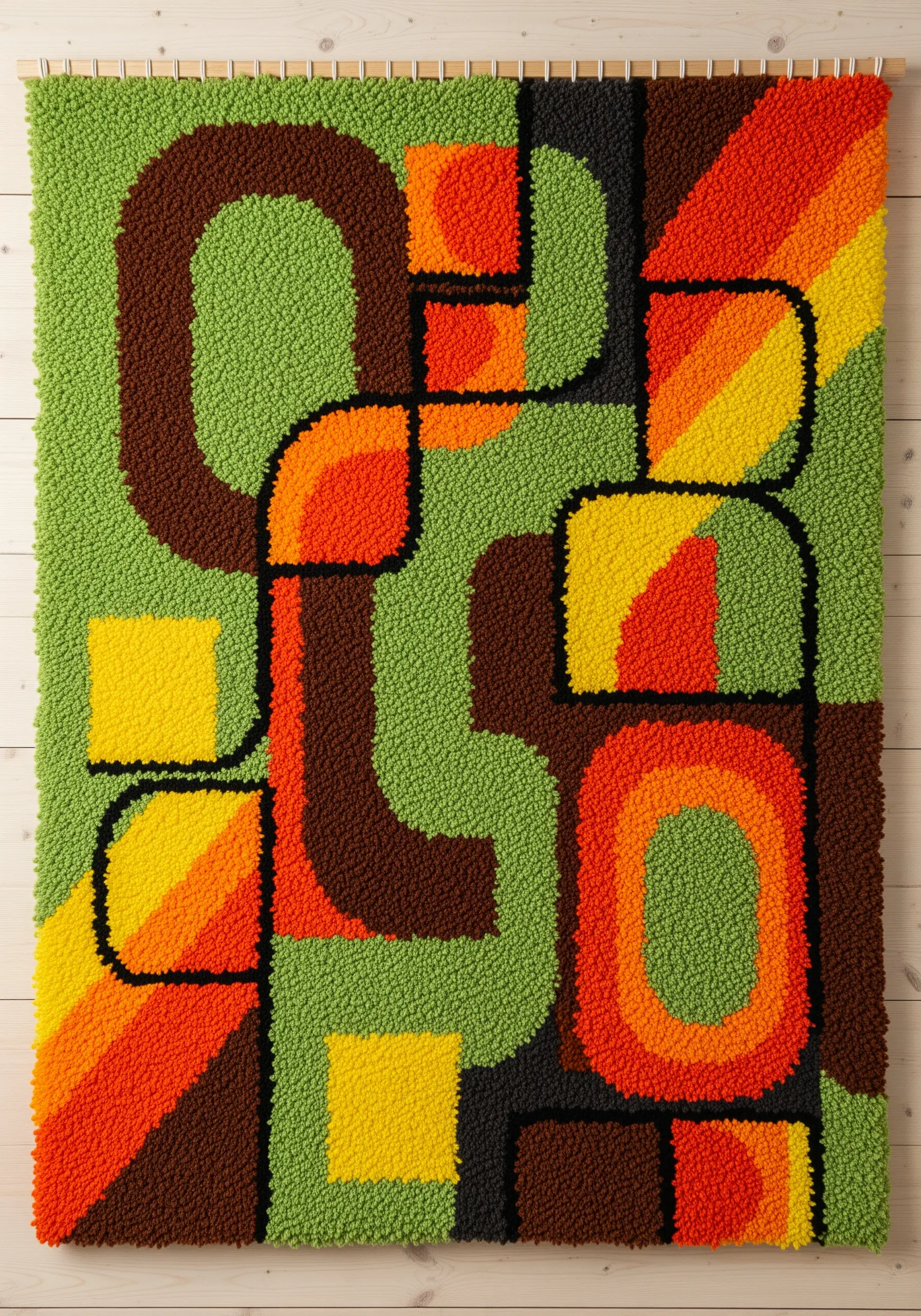 A retro-style latch hook wall hanging with bold, abstract geometric shapes in green, orange, and brown.