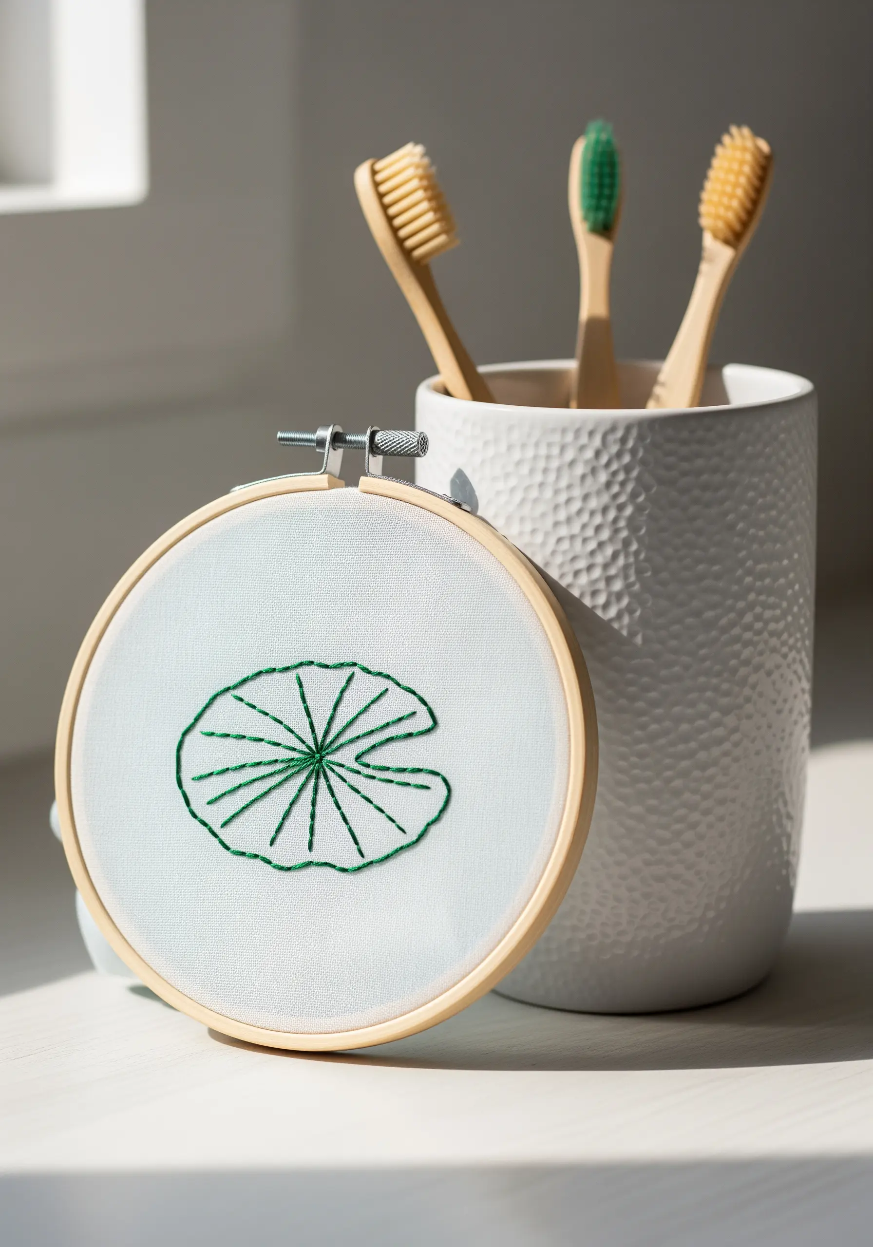 A minimalist lily pad embroidered with a green outline and radiating veins.