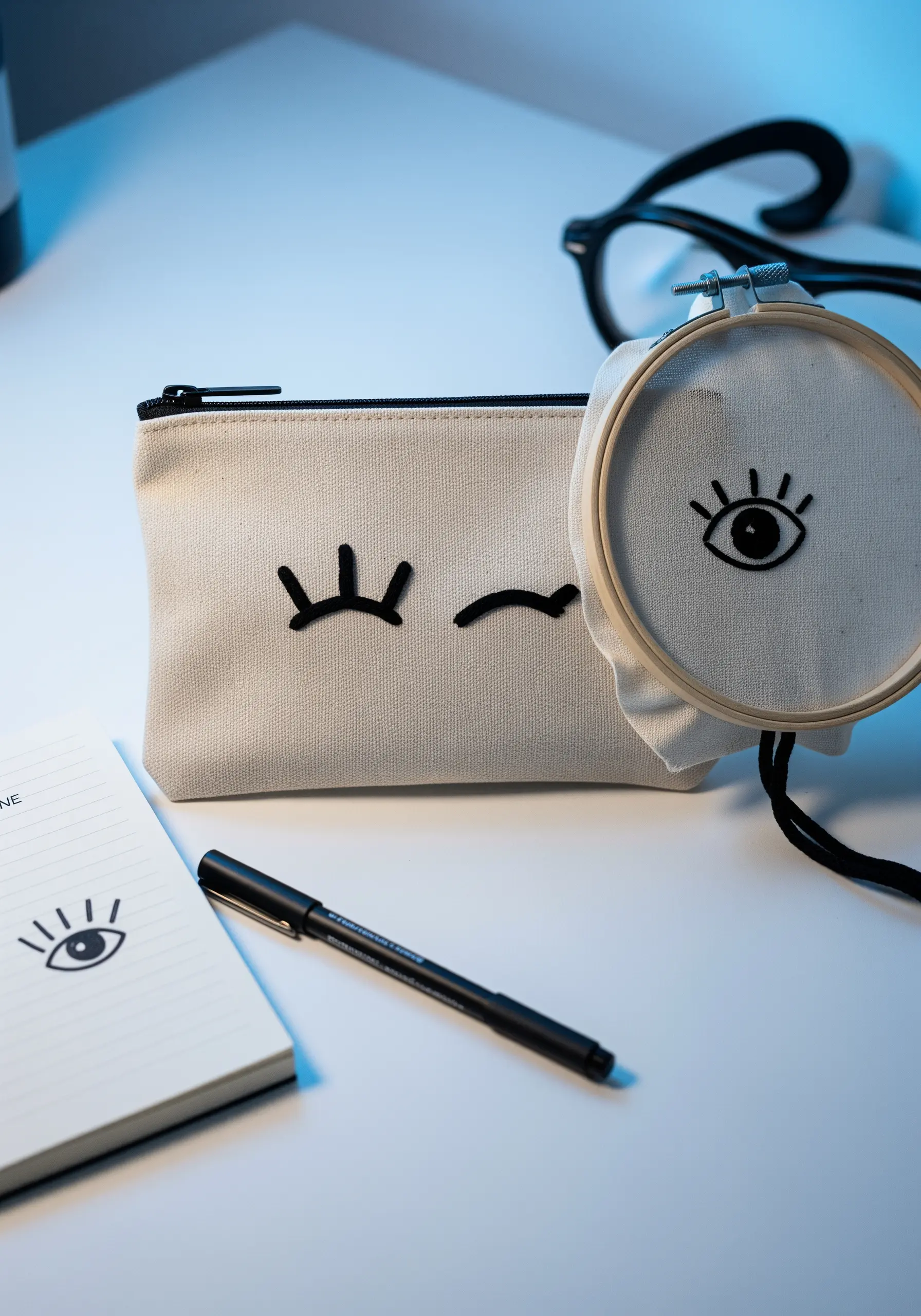 Simple graphic winking eyes embroidered in black on a canvas pouch.